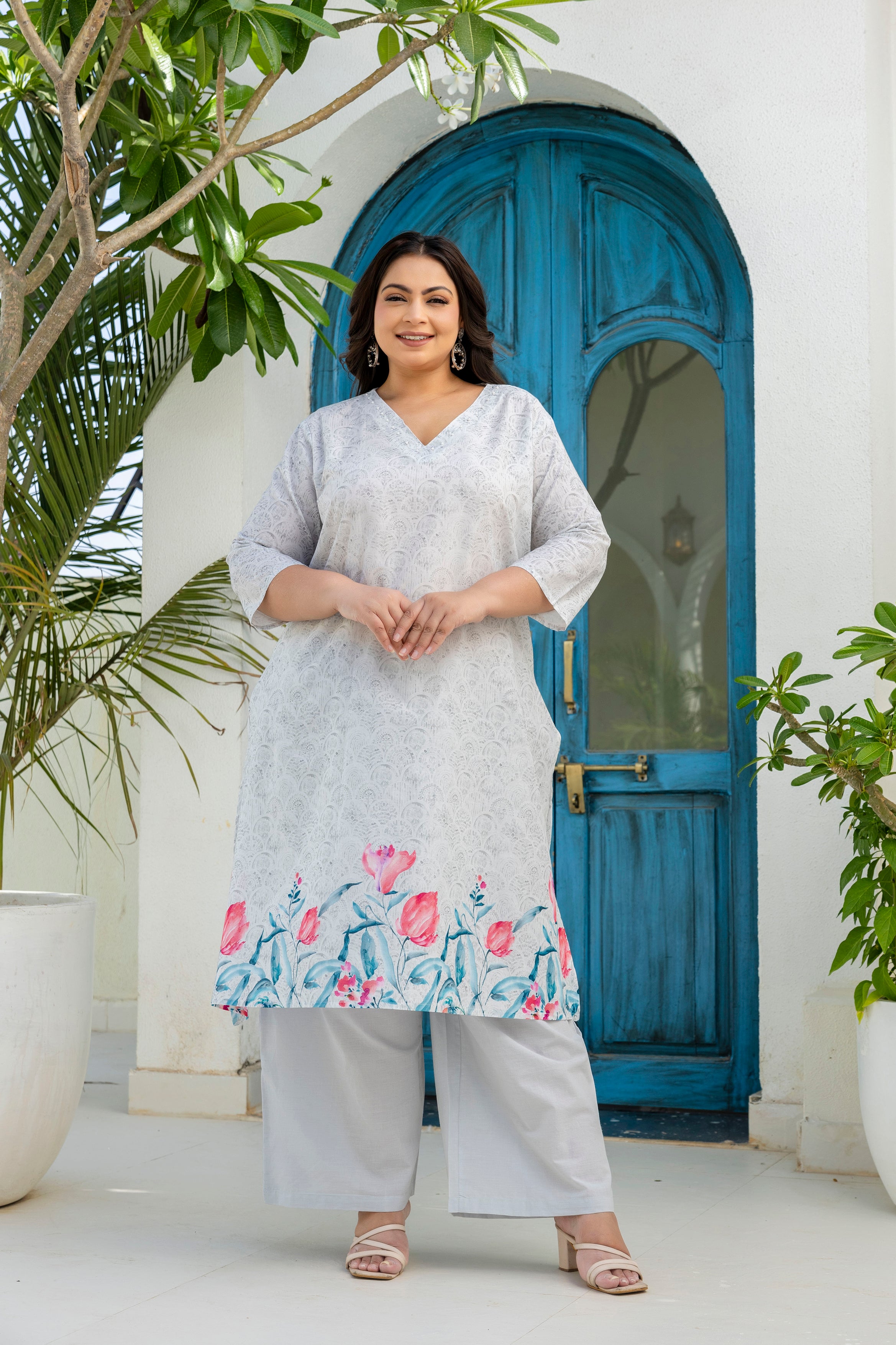Grey Floral Kurta Palazzo Set