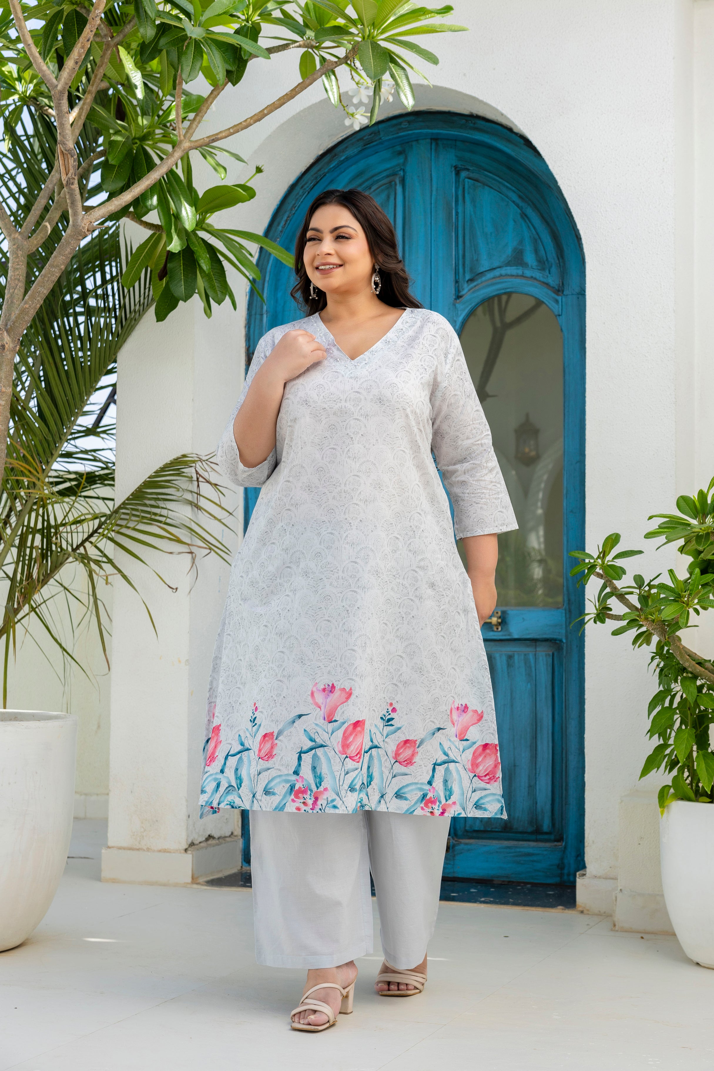 Grey Floral Kurta Palazzo Set