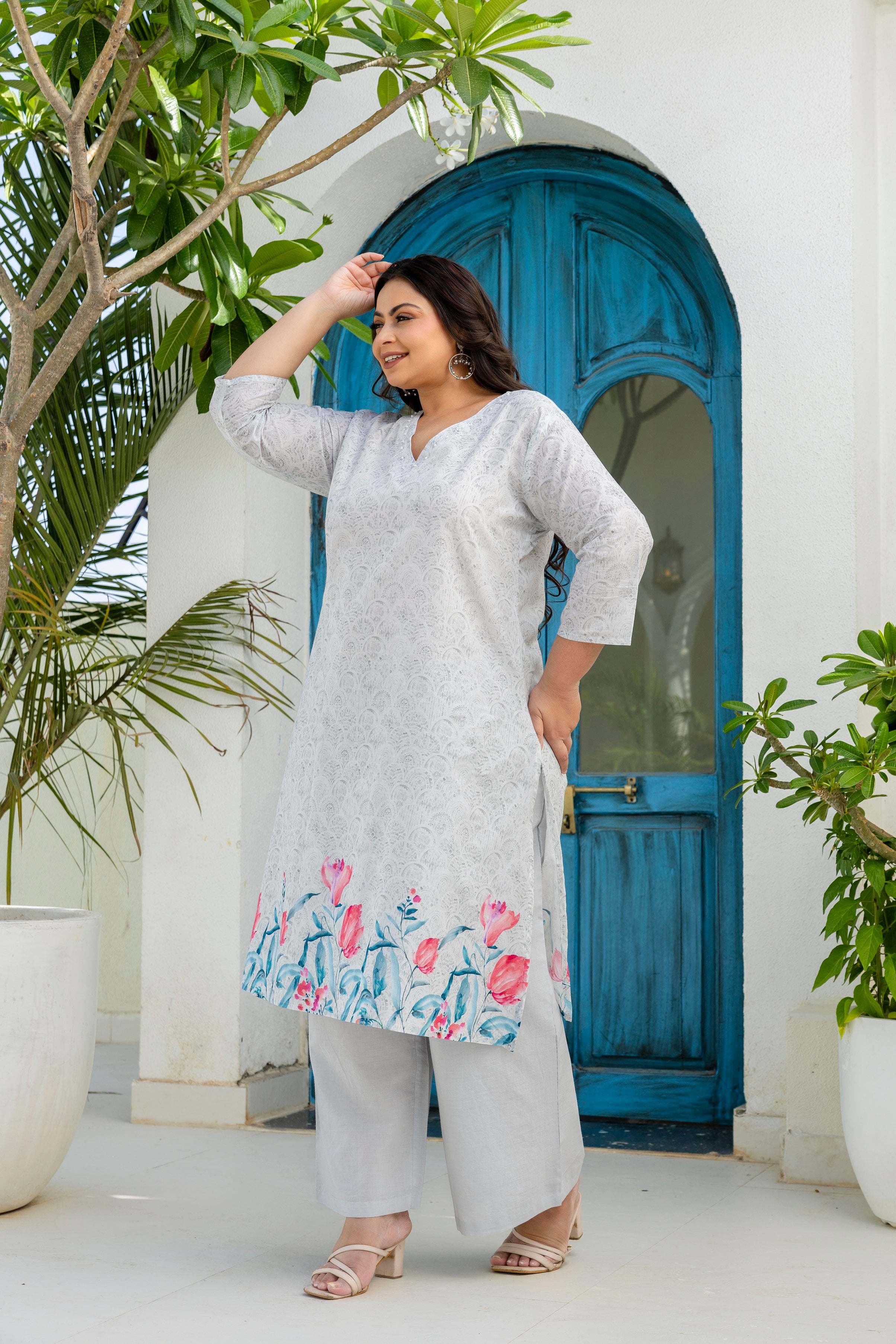 Grey Floral Kurta Palazzo Set