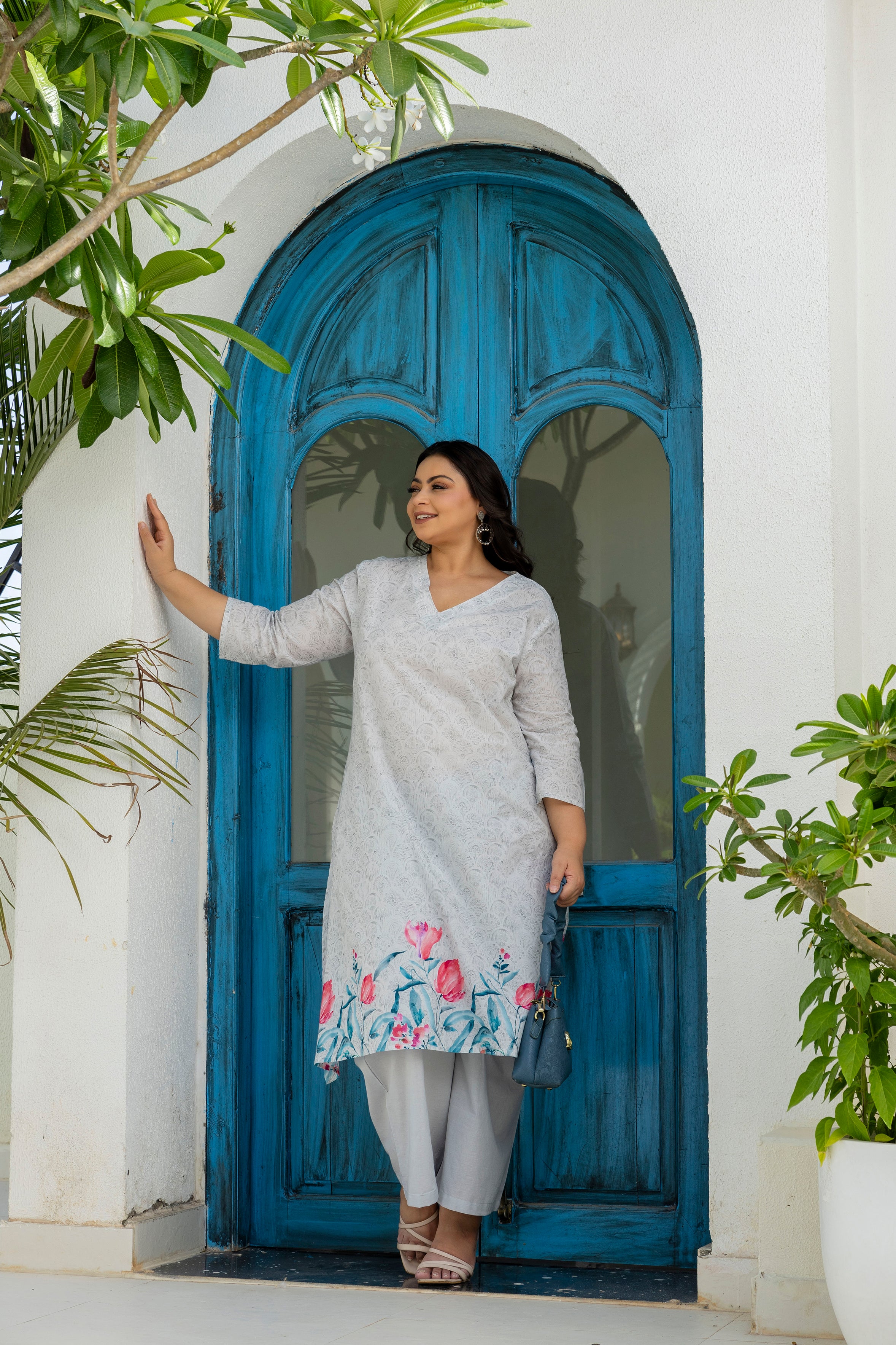 Grey Floral Kurta Palazzo Set