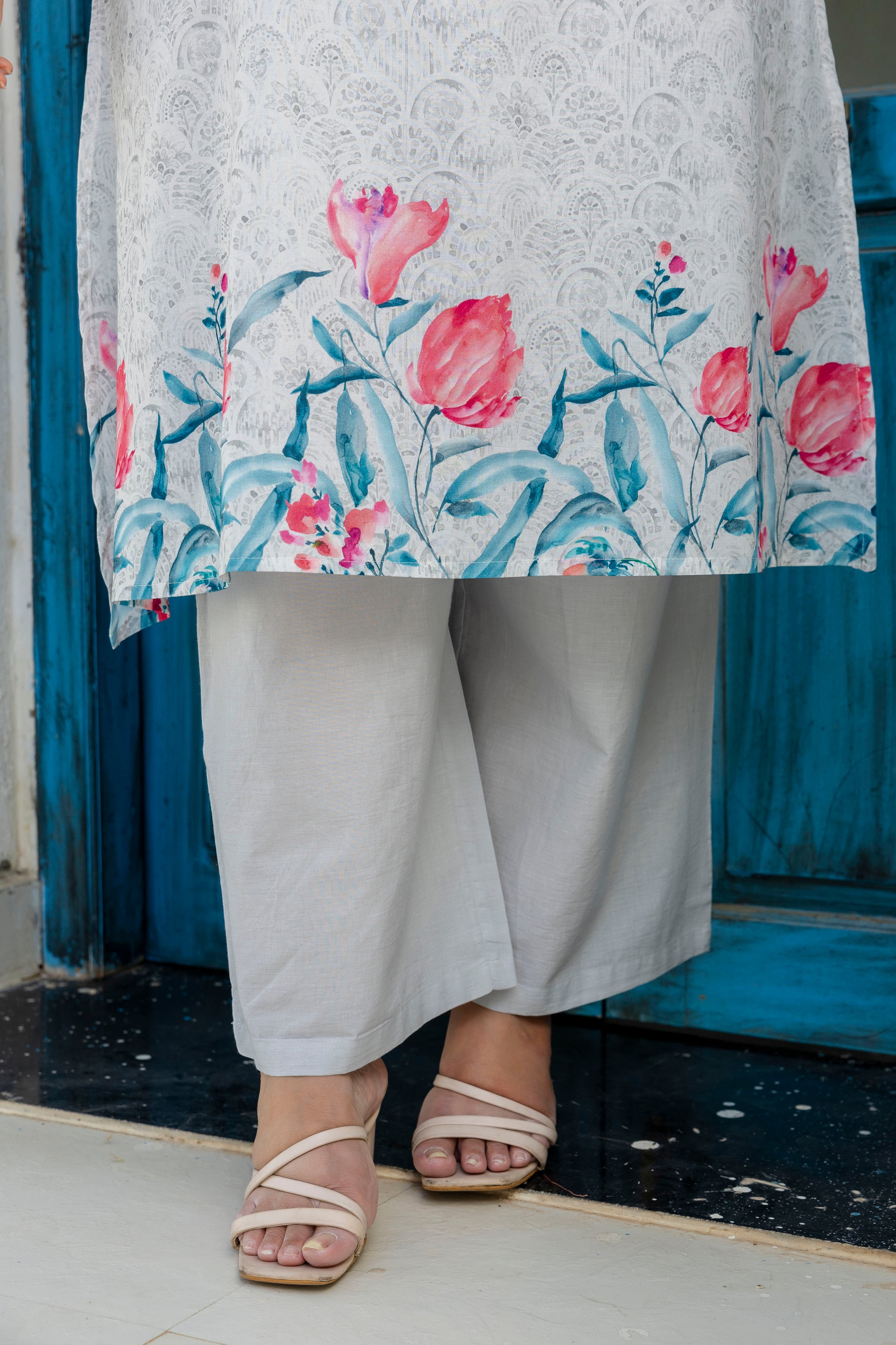 Grey Floral Kurta Palazzo Set