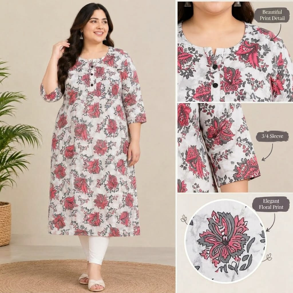 Crimson Bloom Pure Cotton Printed Long Kurti