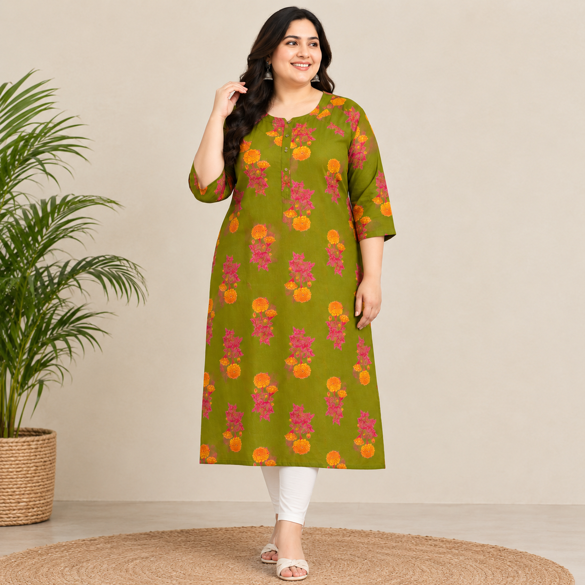 Olive Green Pure Cotton Printed Long Kurti