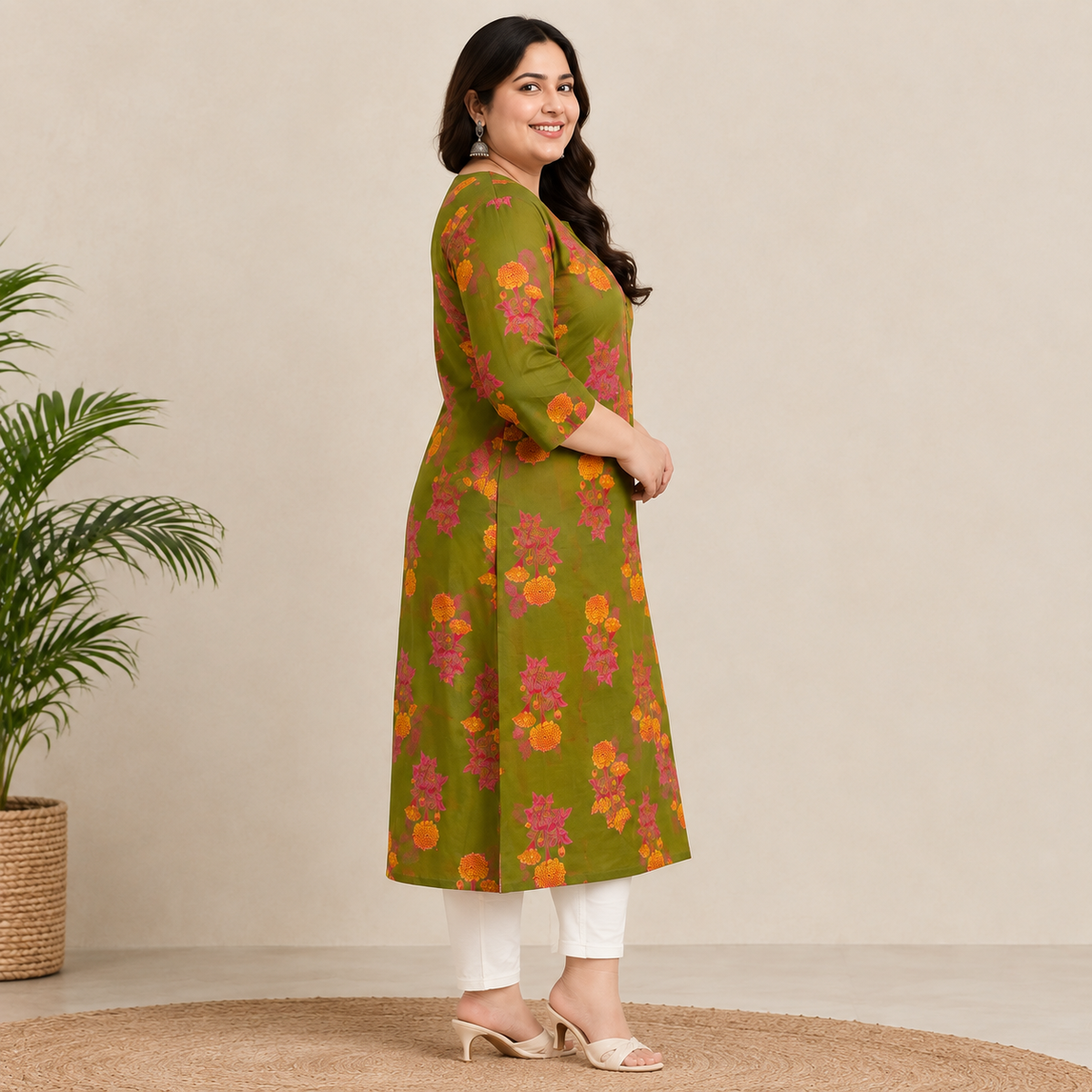 Olive Green Pure Cotton Printed Long Kurti
