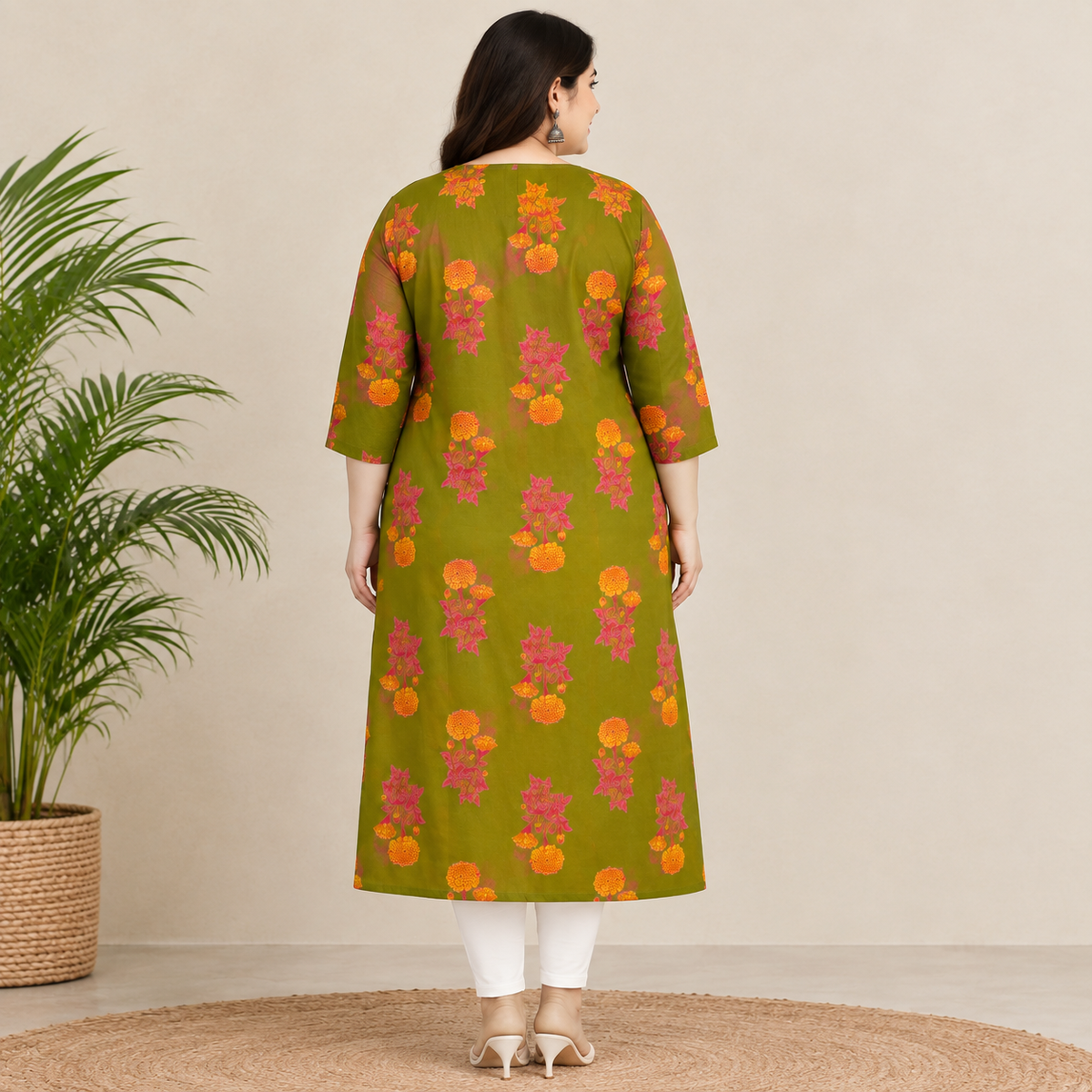 Olive Green Pure Cotton Printed Long Kurti