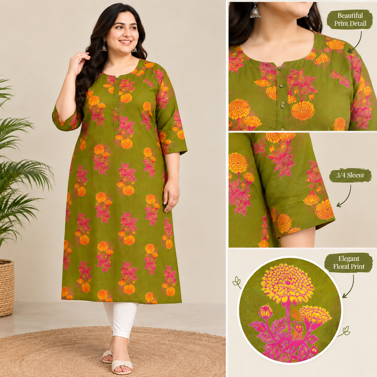 Olive Green Pure Cotton Printed Long Kurti