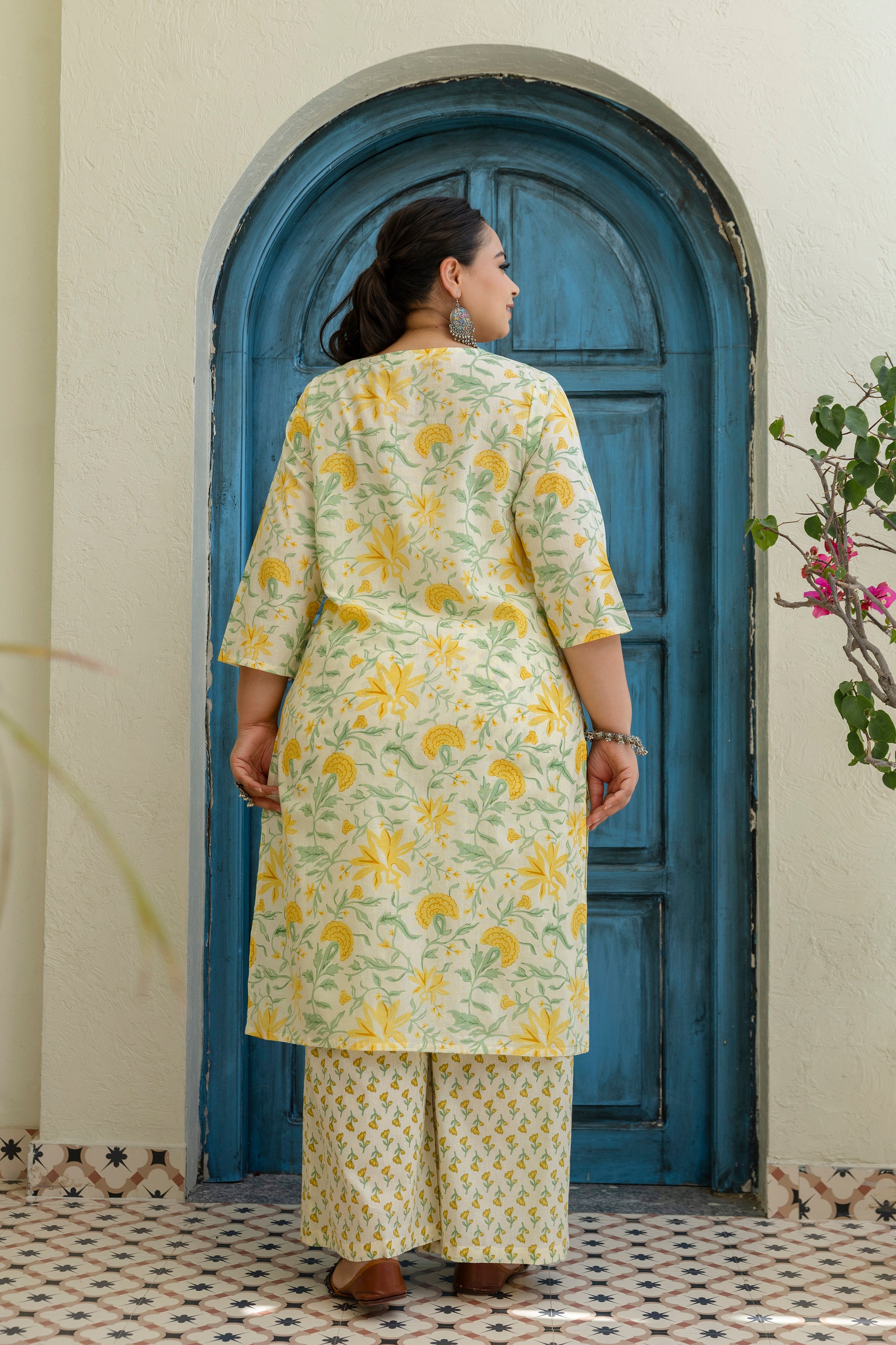 White Base & Yellow Flower Kurta Set with Dupatta