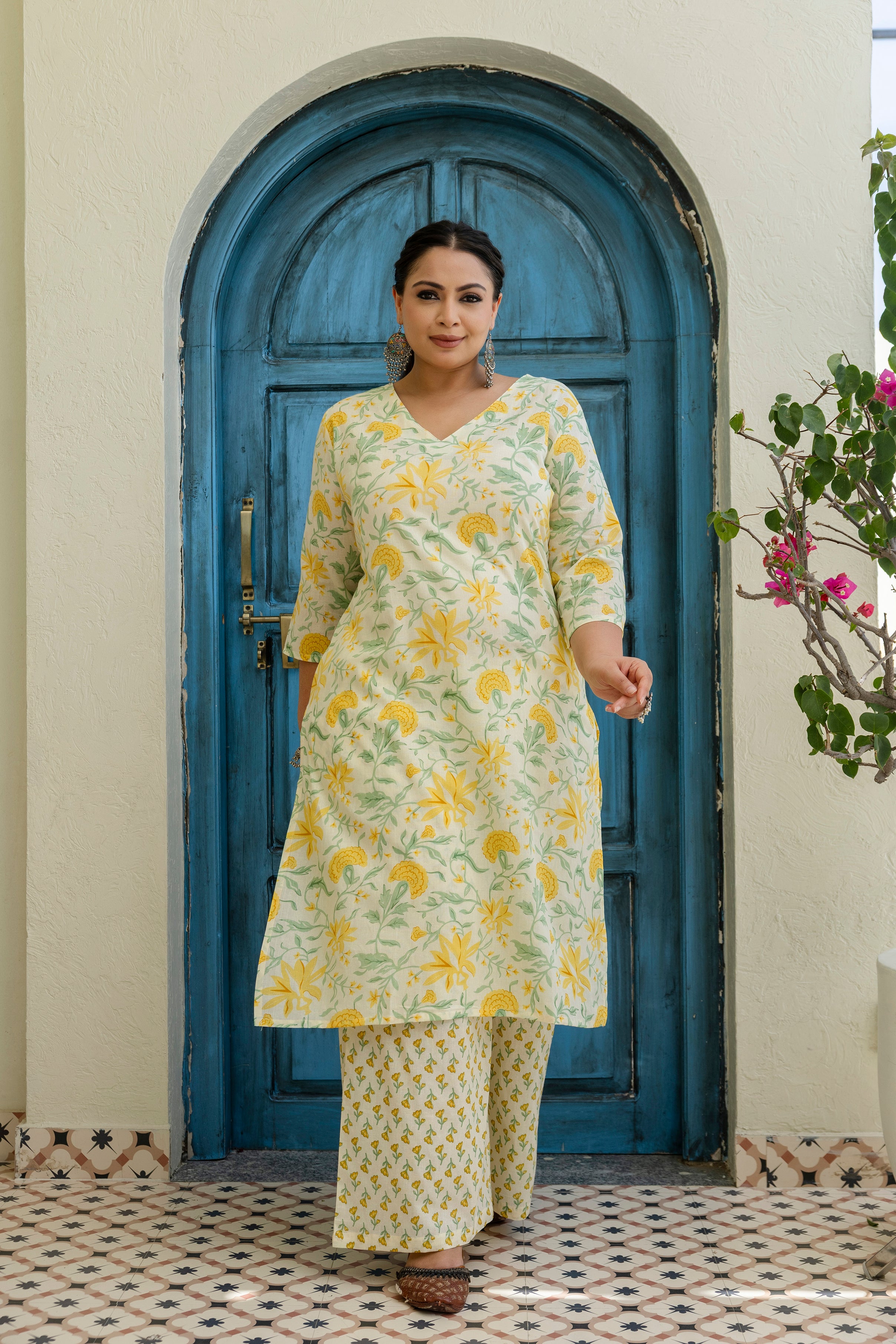 White Base & Yellow Flower Kurta Set with Dupatta