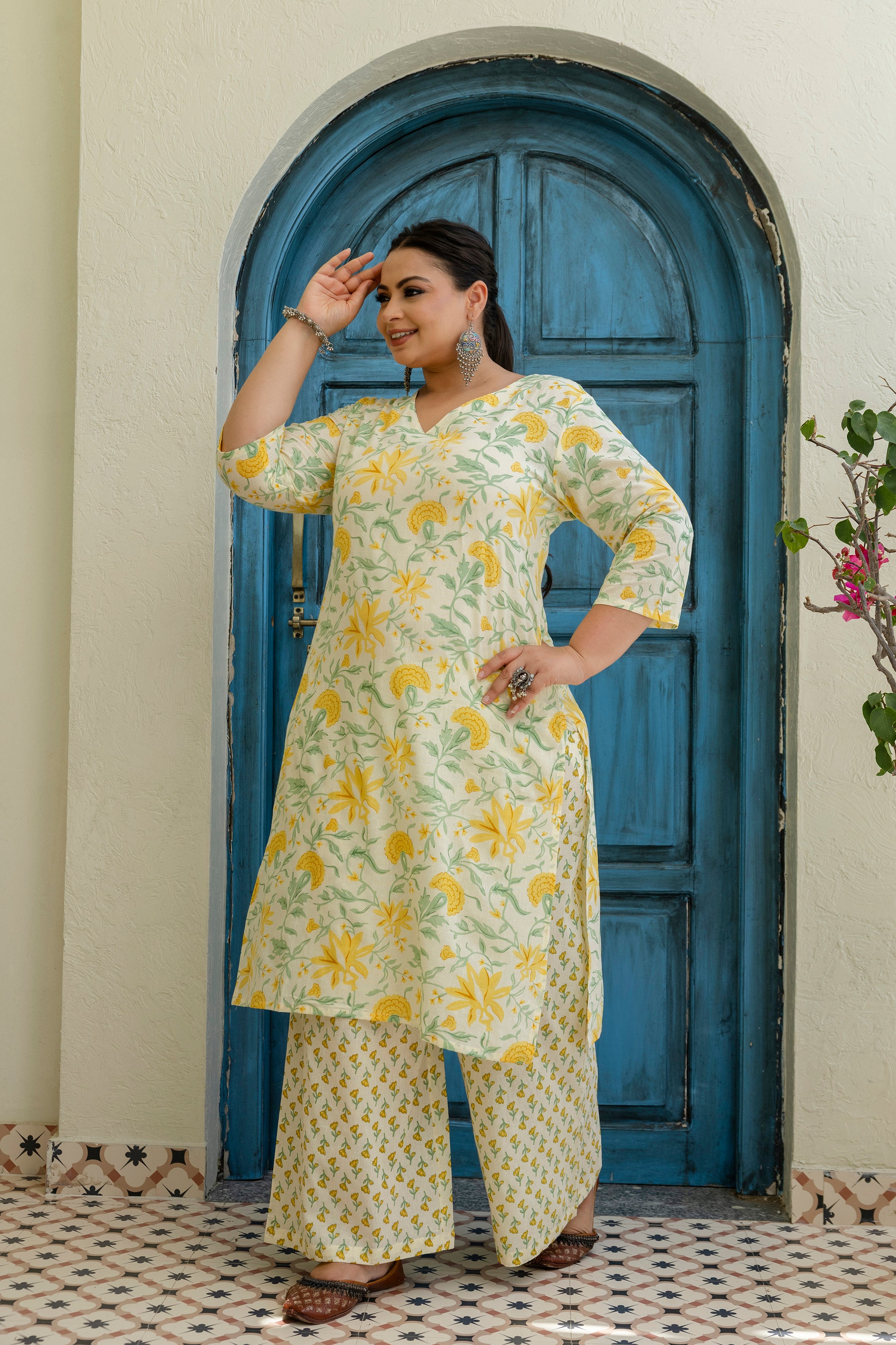 White Base & Yellow Flower Kurta Set with Dupatta