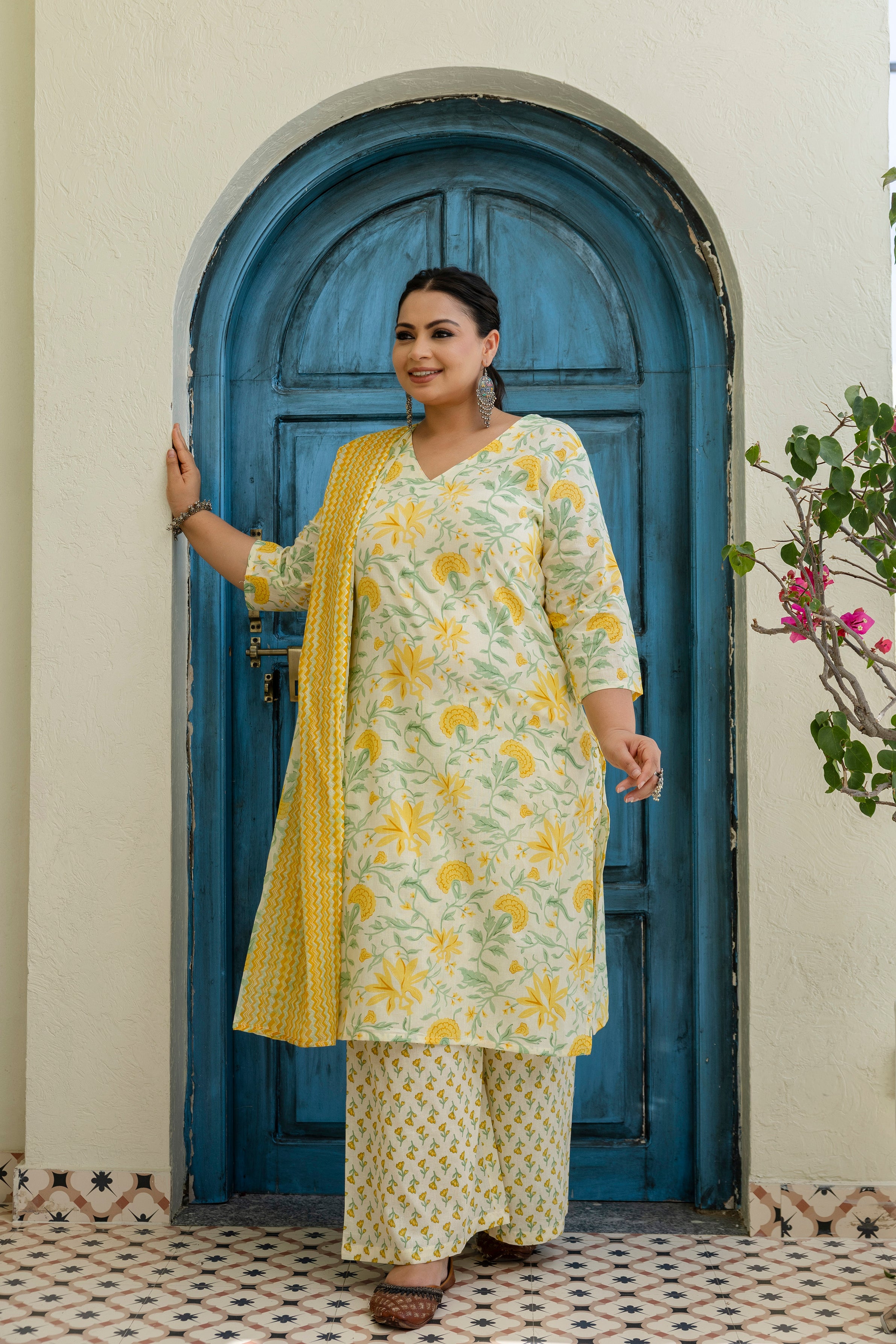 White Base & Yellow Flower Kurta Set with Dupatta