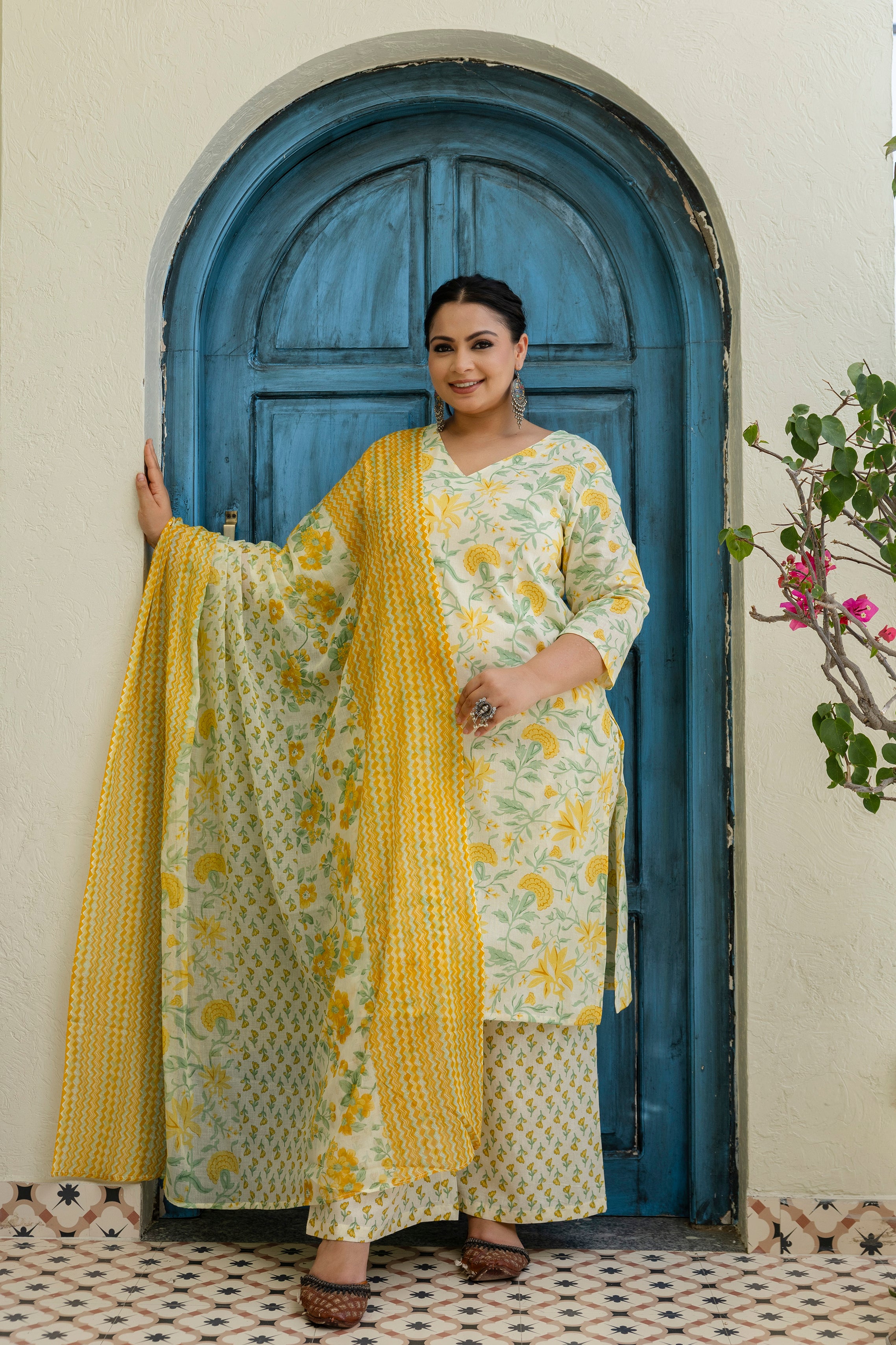 White Base & Yellow Flower Kurta Set with Dupatta