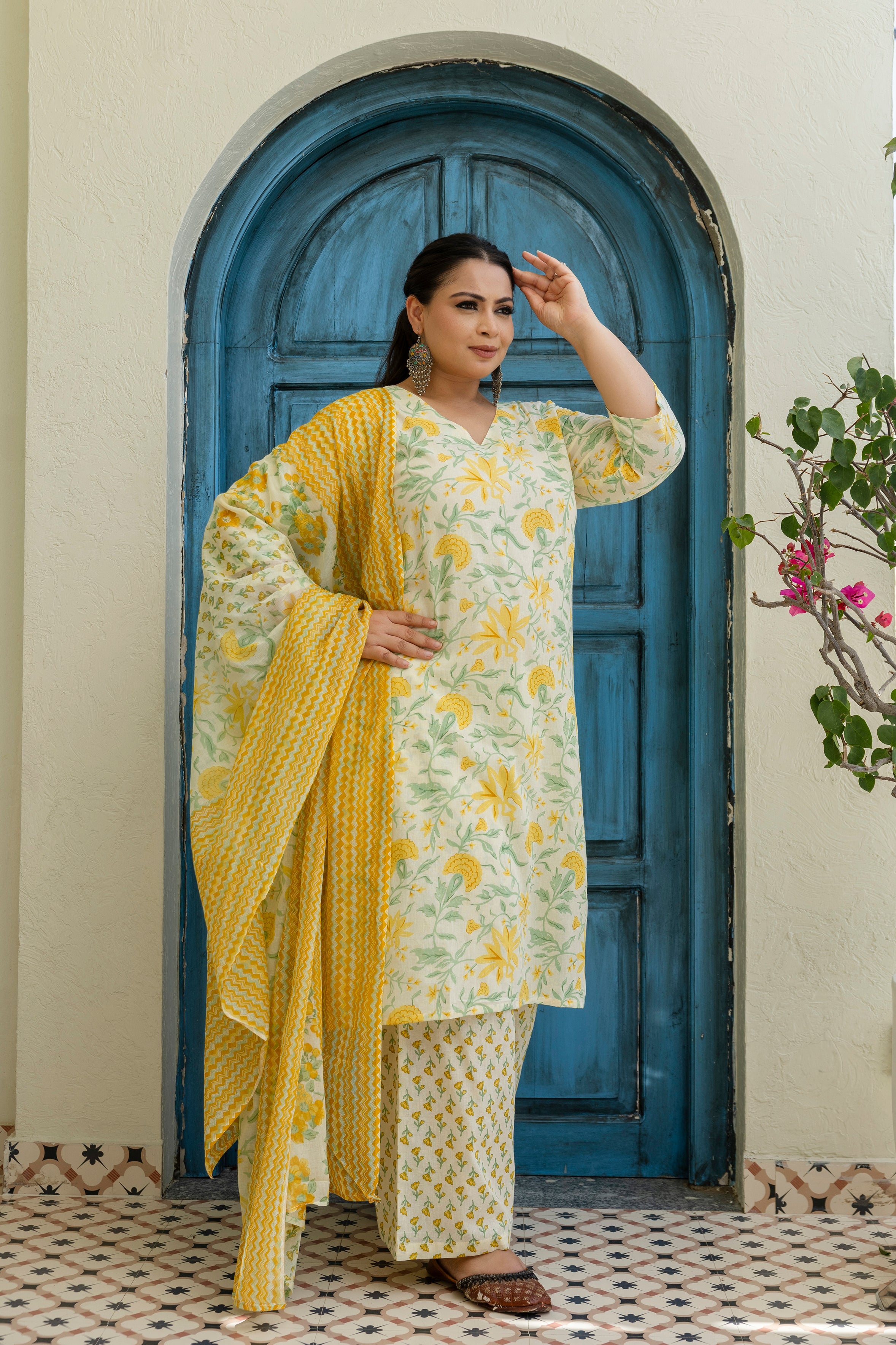 White Base & Yellow Flower Kurta Set with Dupatta