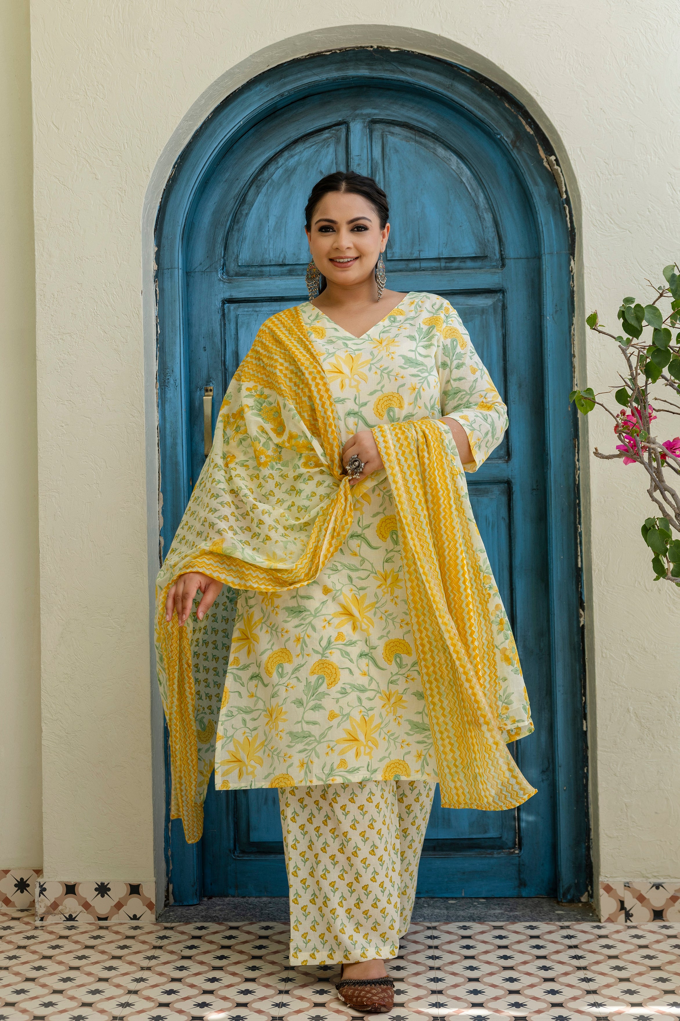 White Base & Yellow Flower Kurta Set with Dupatta