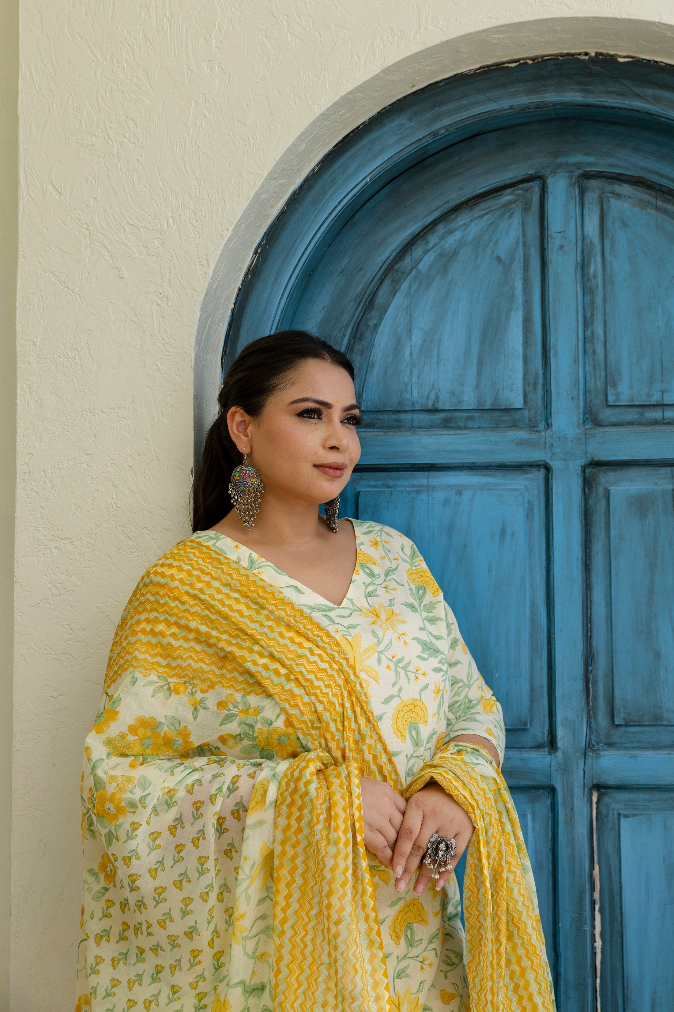 White Base & Yellow Flower Kurta Set with Dupatta