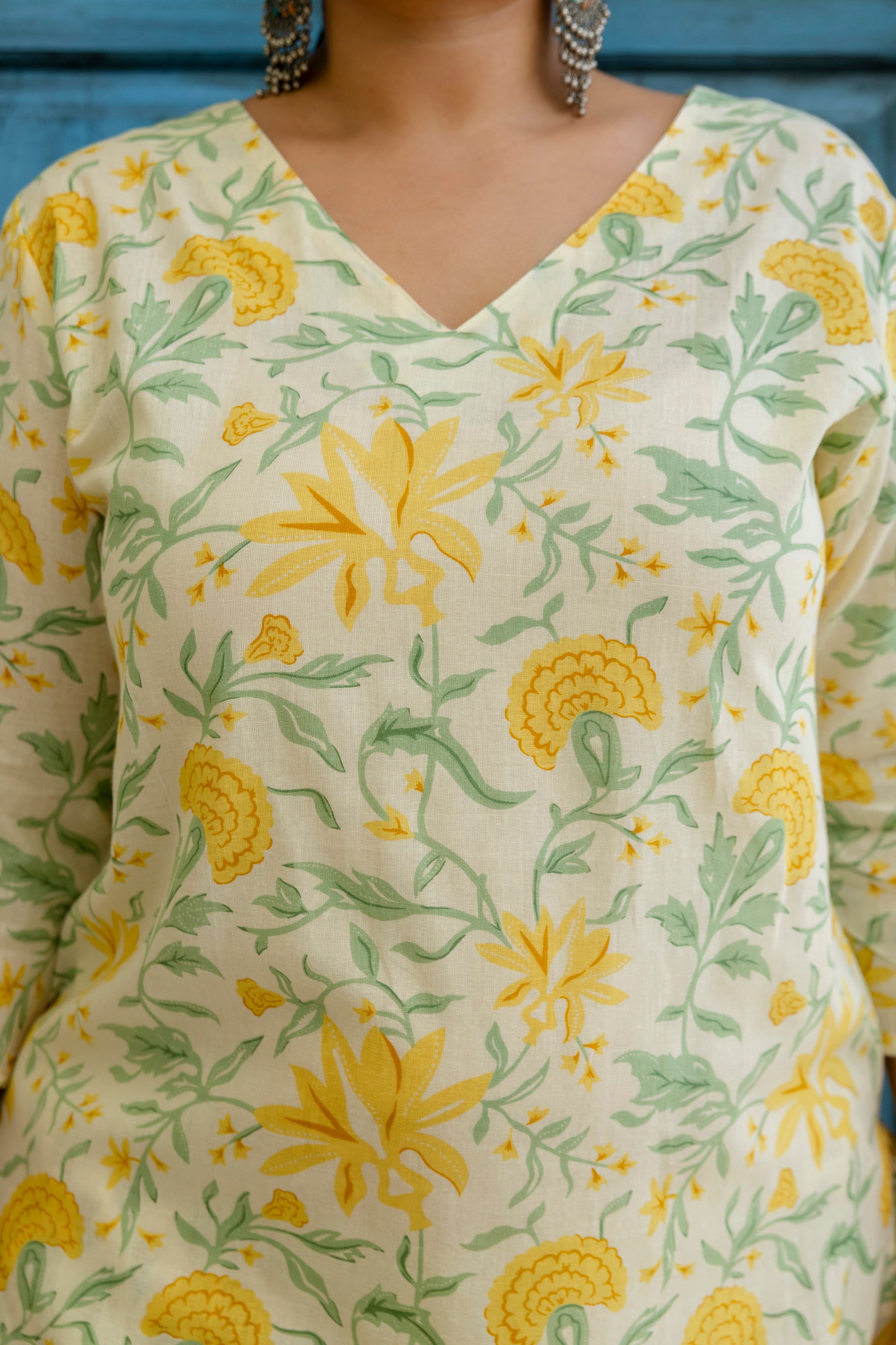 White Base & Yellow Flower Kurta Set with Dupatta