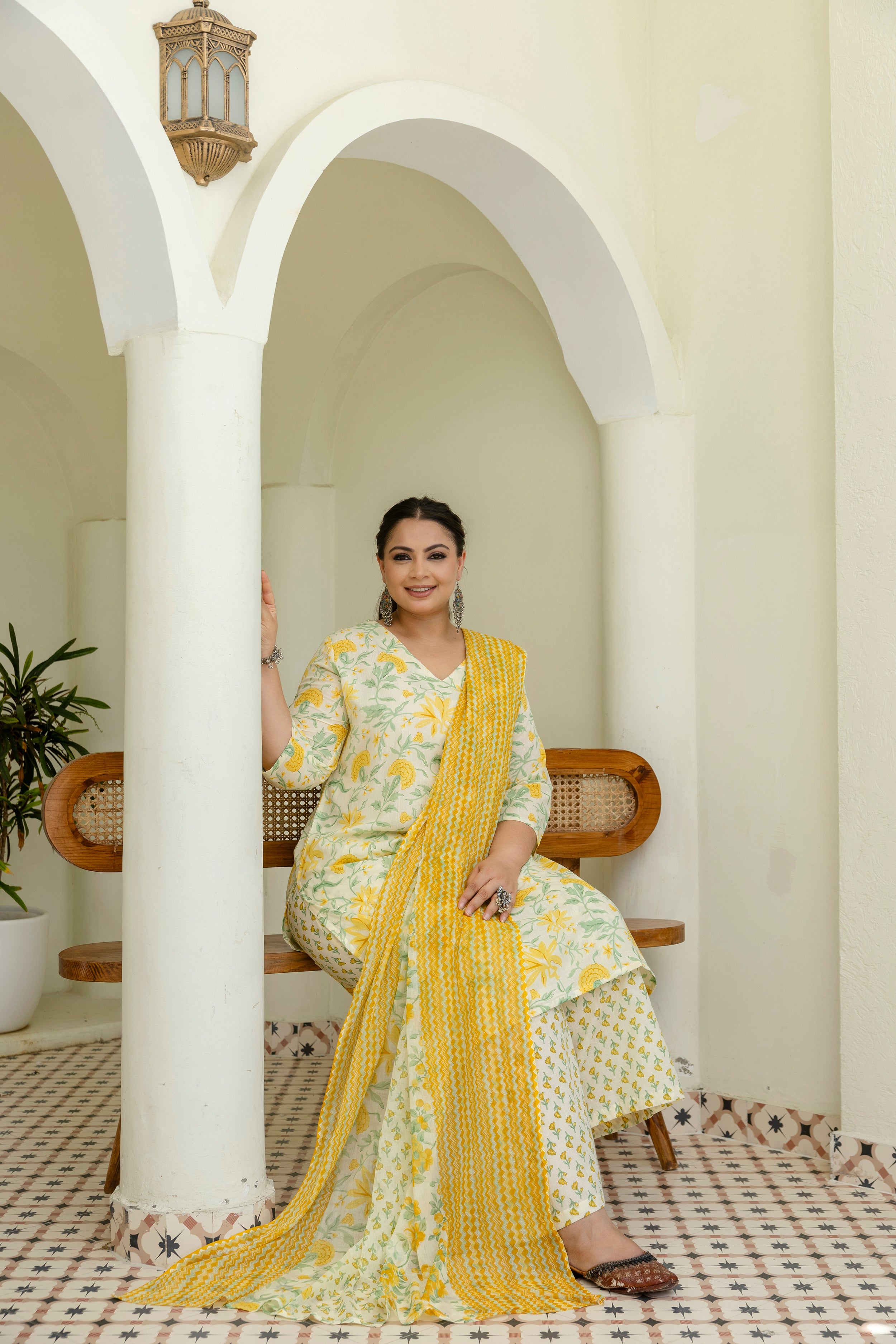 White Base & Yellow Flower Kurta Set with Dupatta