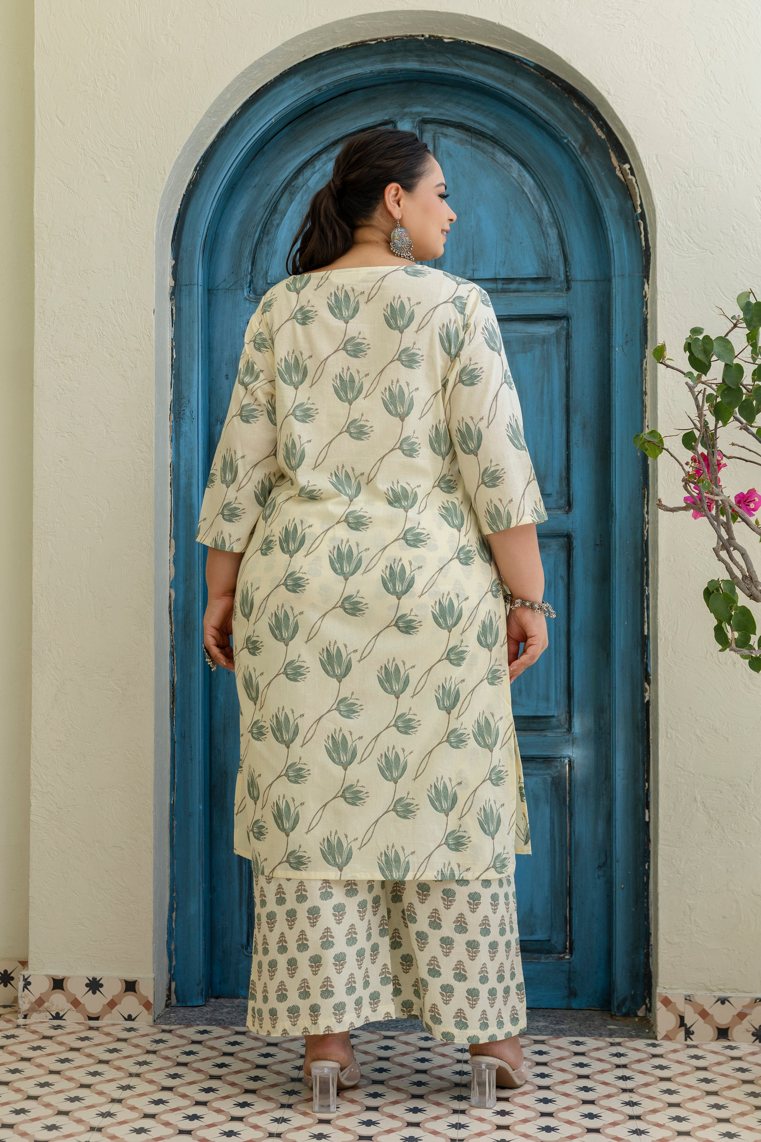 Sage Green Printed Cotton Kurta Set with Dupatta