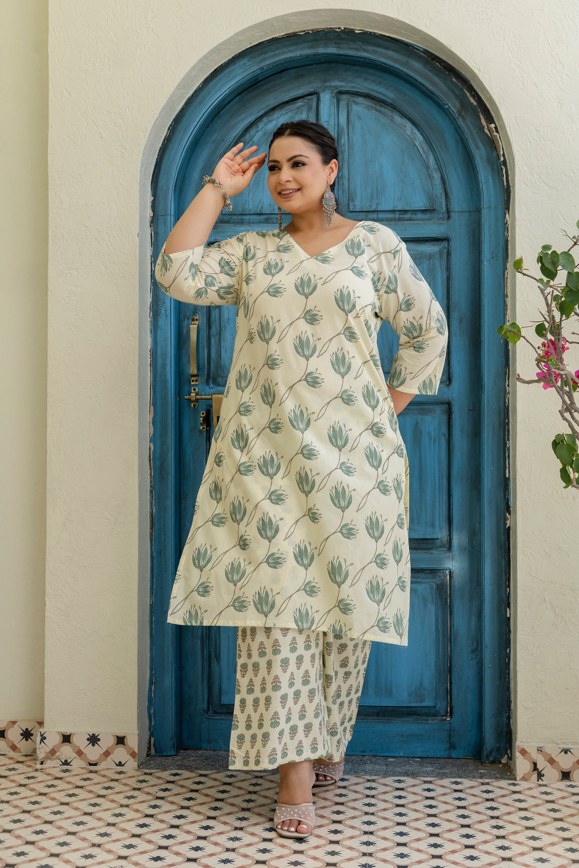 Sage Green Printed Cotton Kurta Set with Dupatta