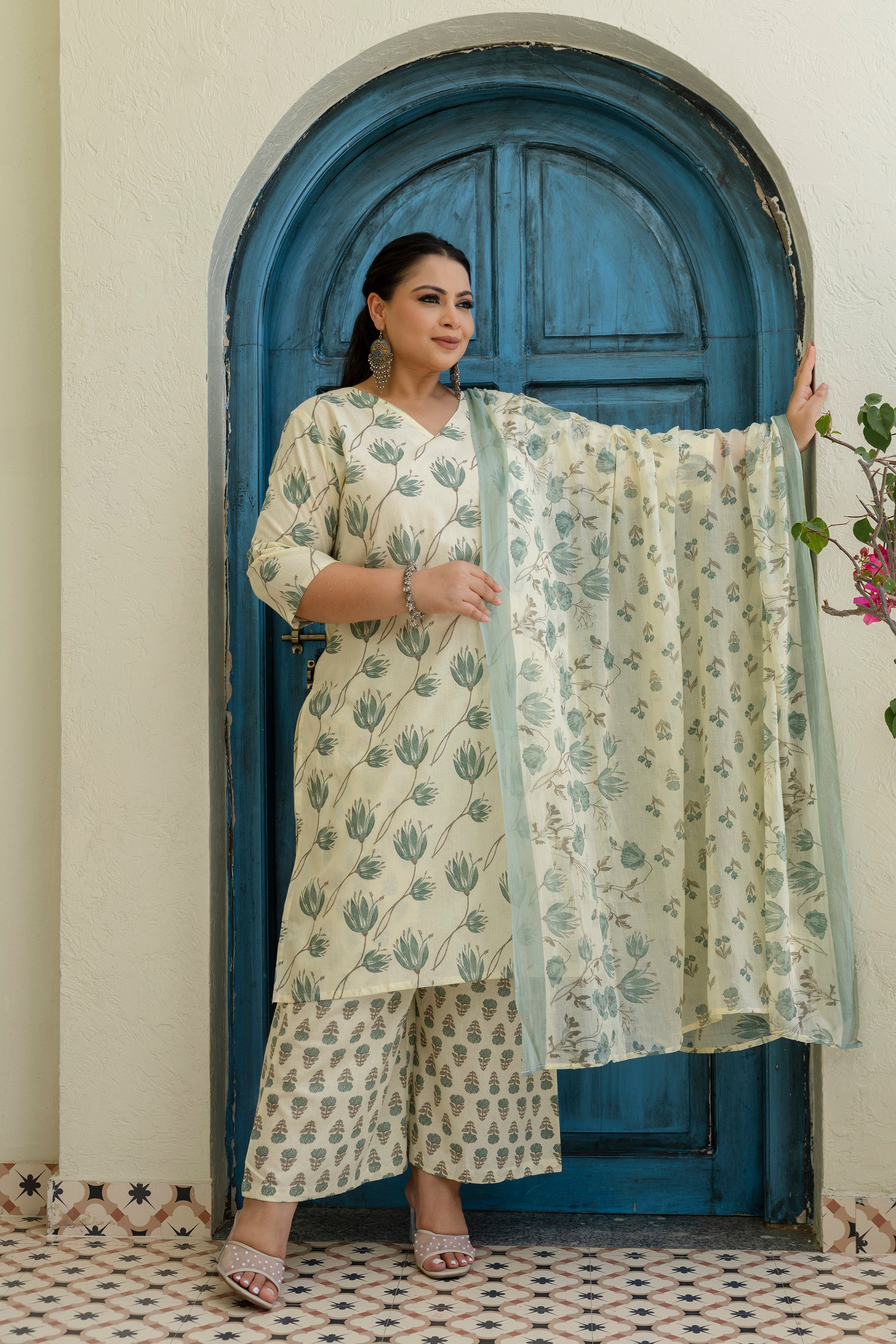 Sage Green Printed Cotton Kurta Set with Dupatta