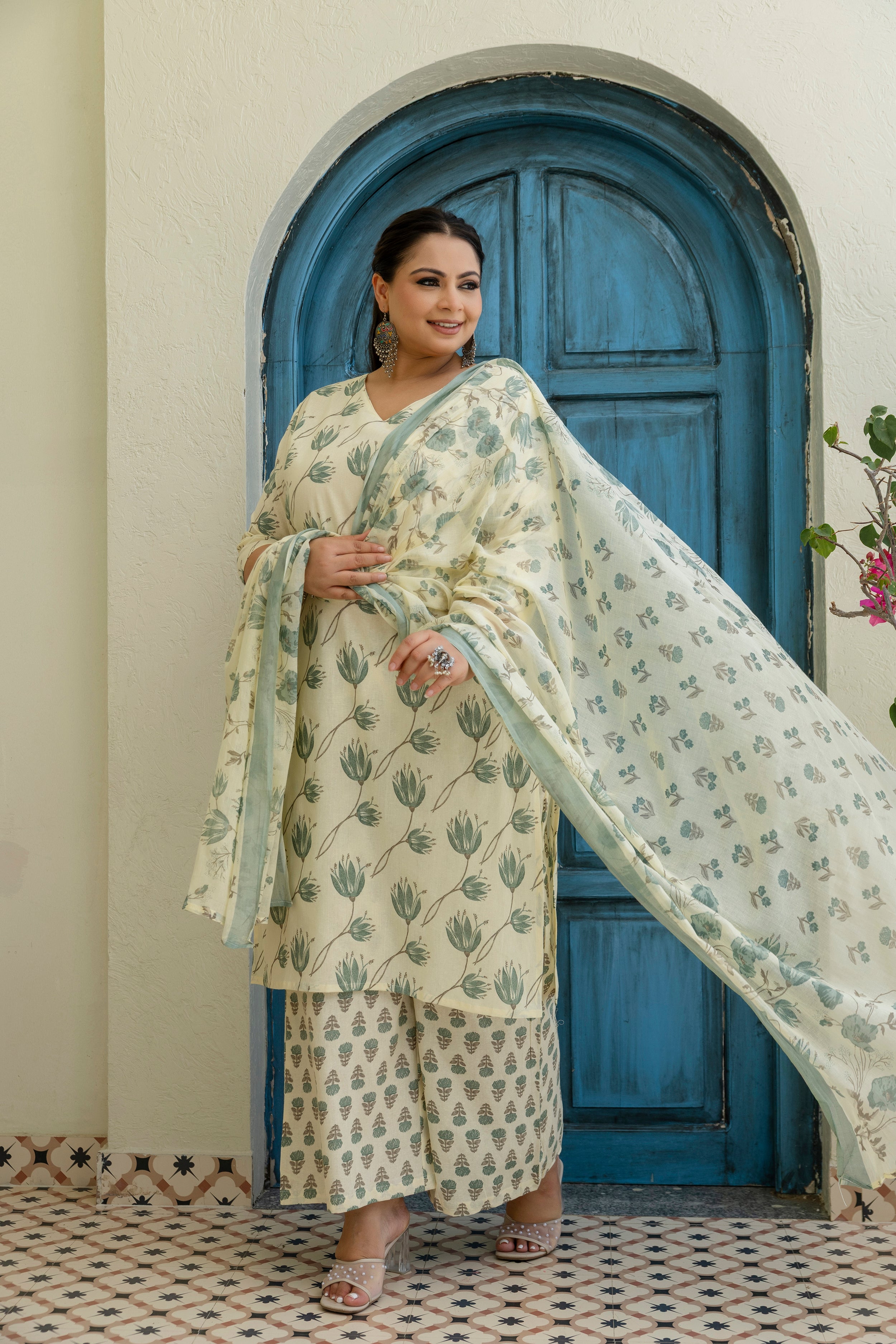 Sage Green Printed Cotton Kurta Set with Dupatta