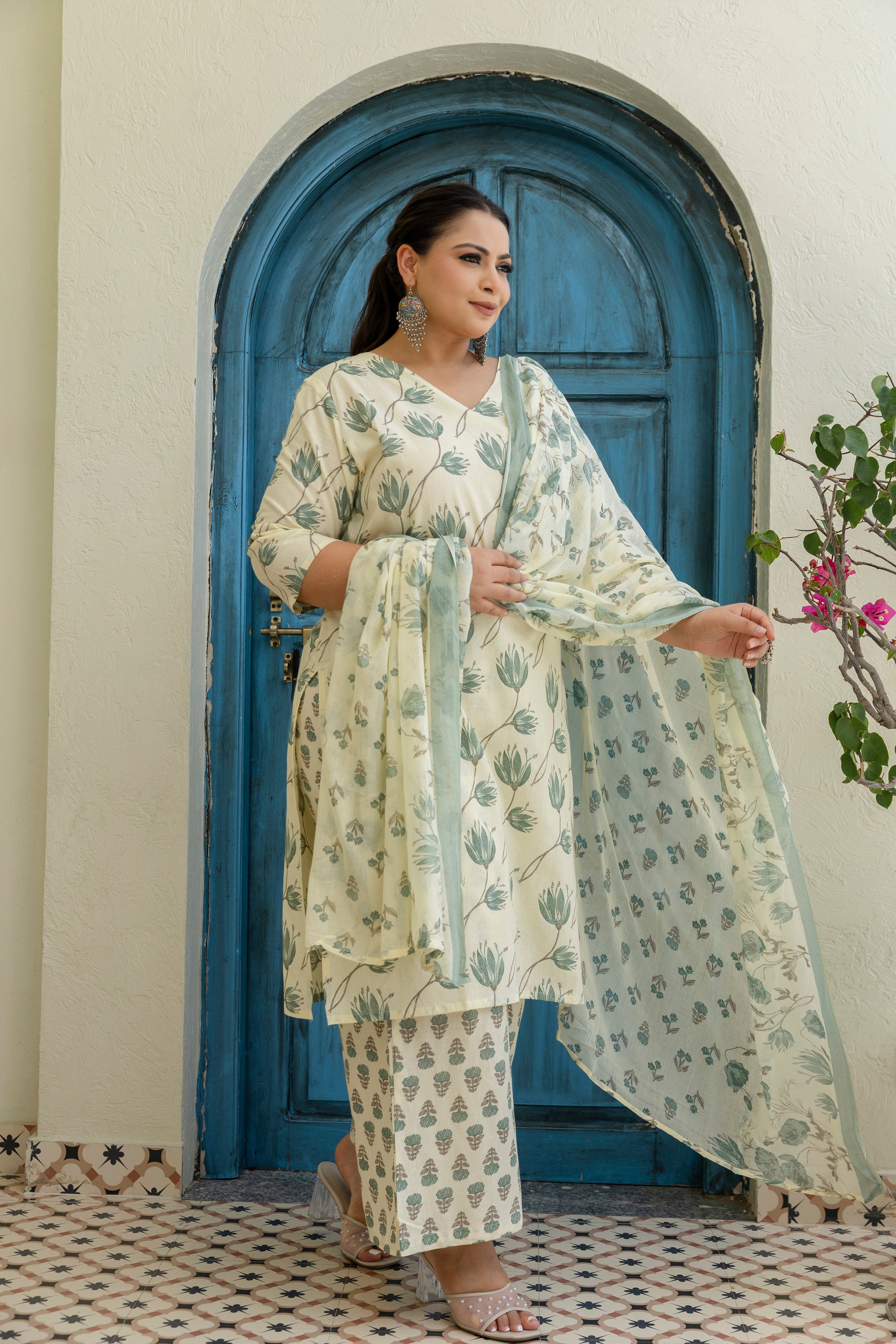 Sage Green Printed Cotton Kurta Set with Dupatta