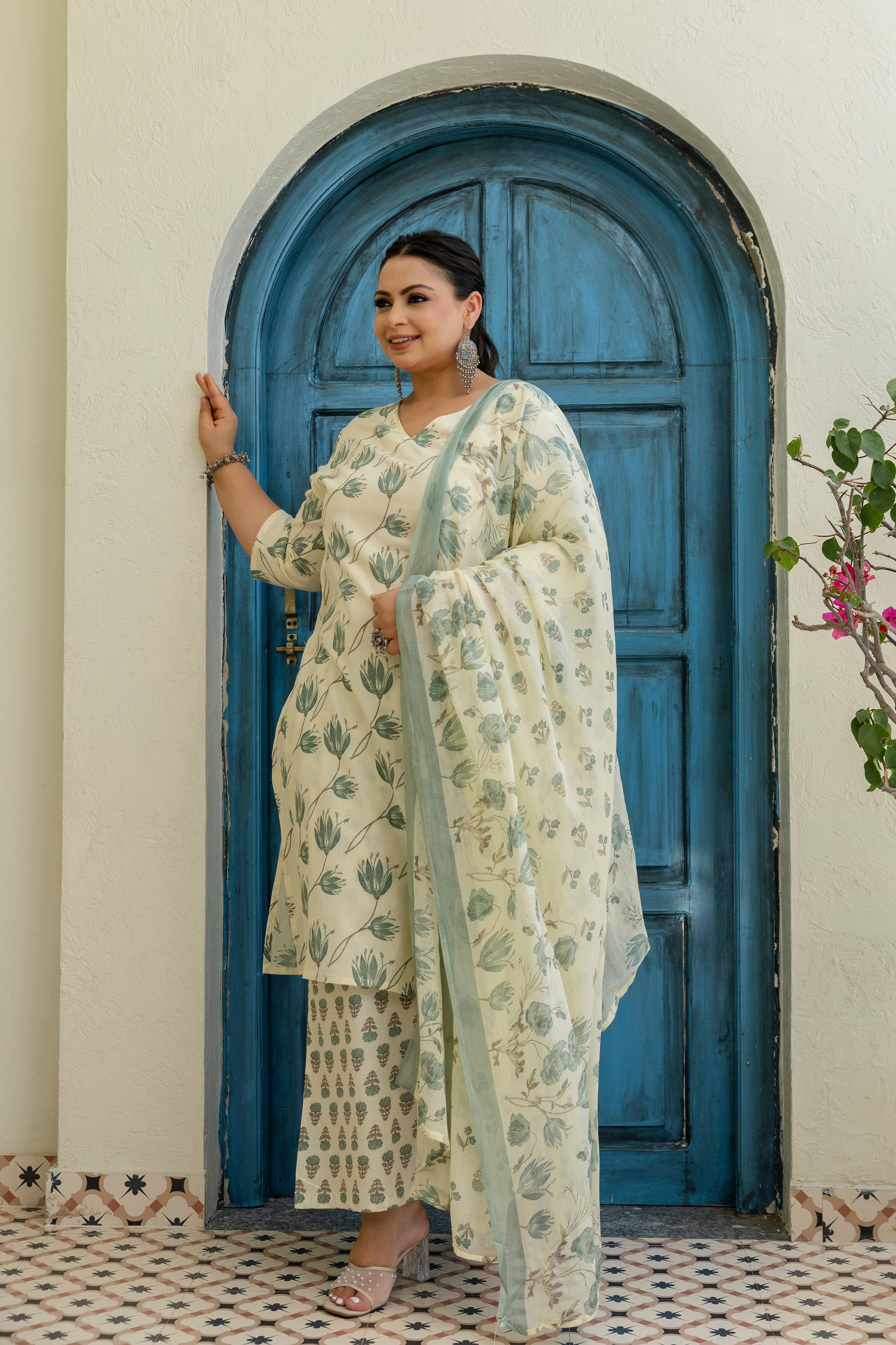 Sage Green Printed Cotton Kurta Set with Dupatta
