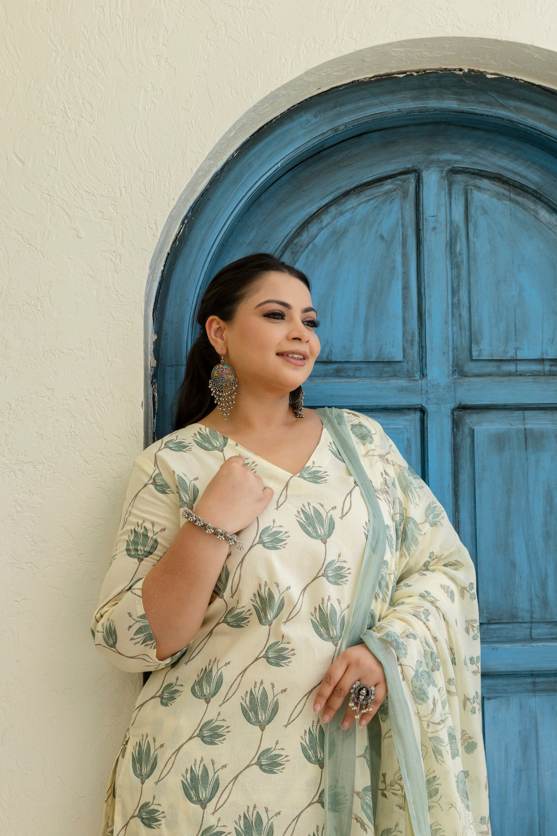 Sage Green Printed Cotton Kurta Set with Dupatta