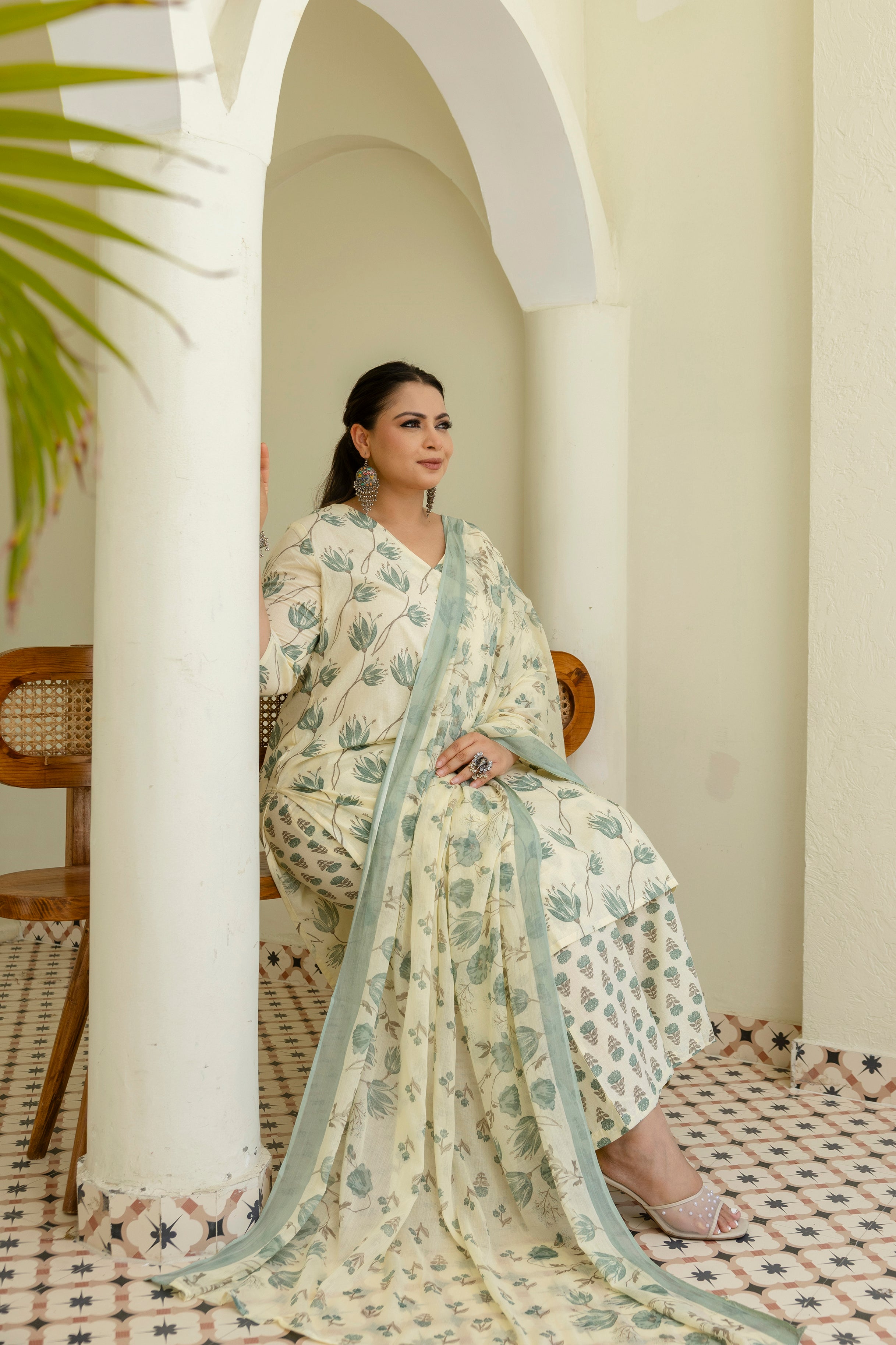Sage Green Printed Cotton Kurta Set with Dupatta