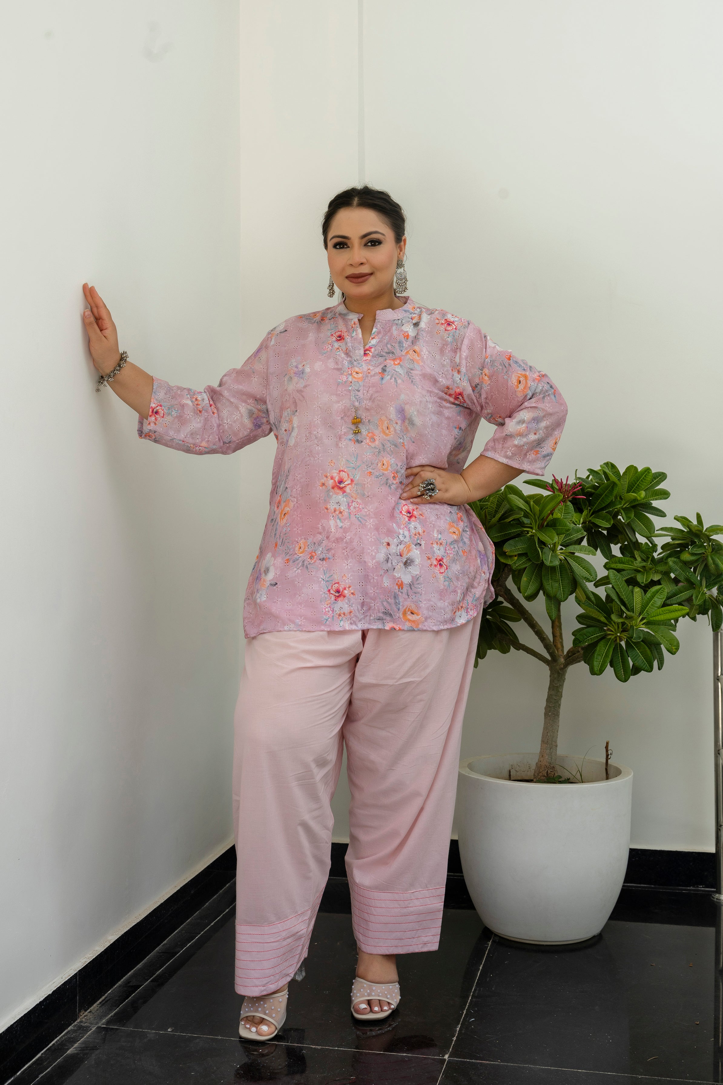 Blush Floral Chikankari Schiffli Short Co-ord Set