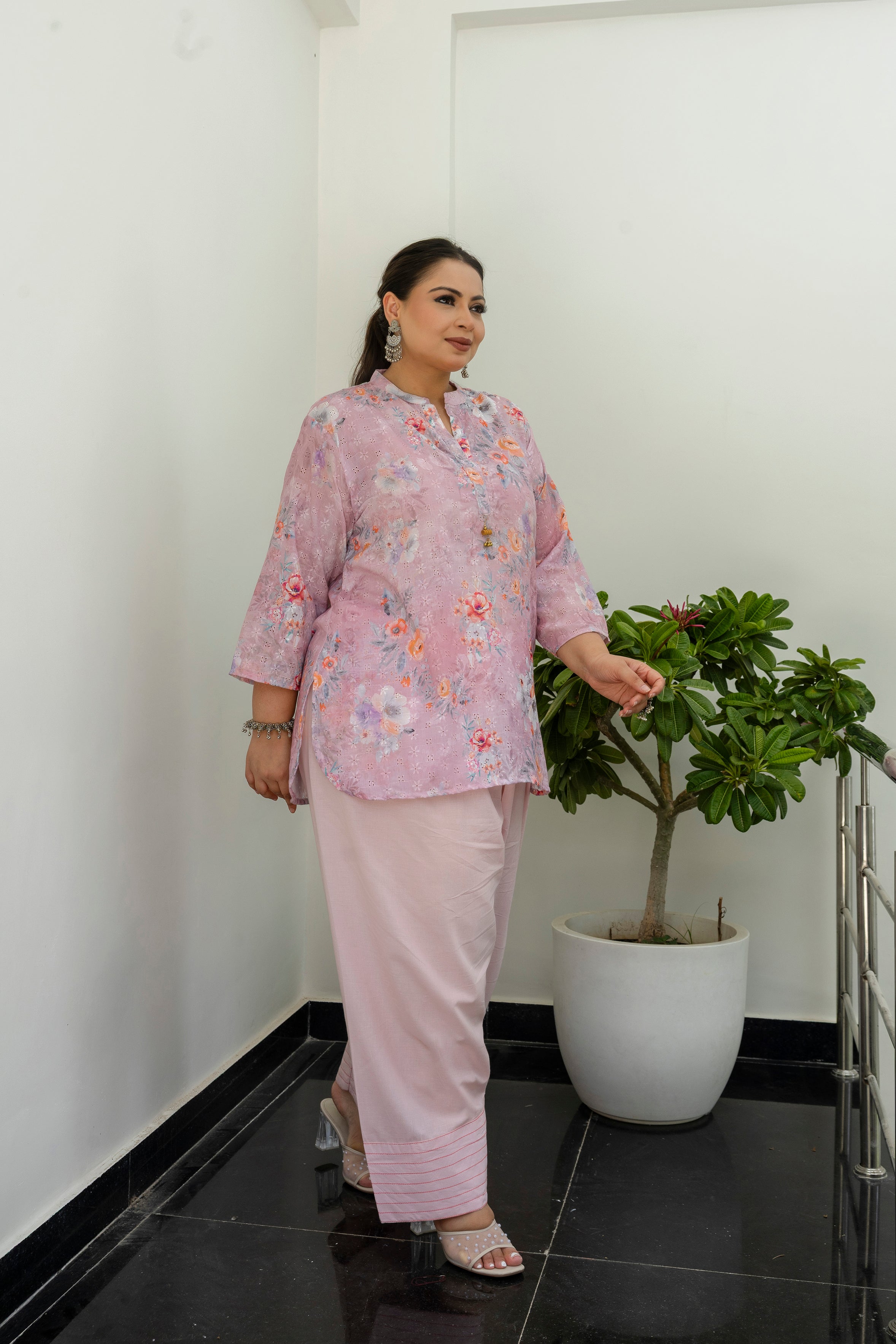 Blush Floral Chikankari Schiffli Short Co-ord Set
