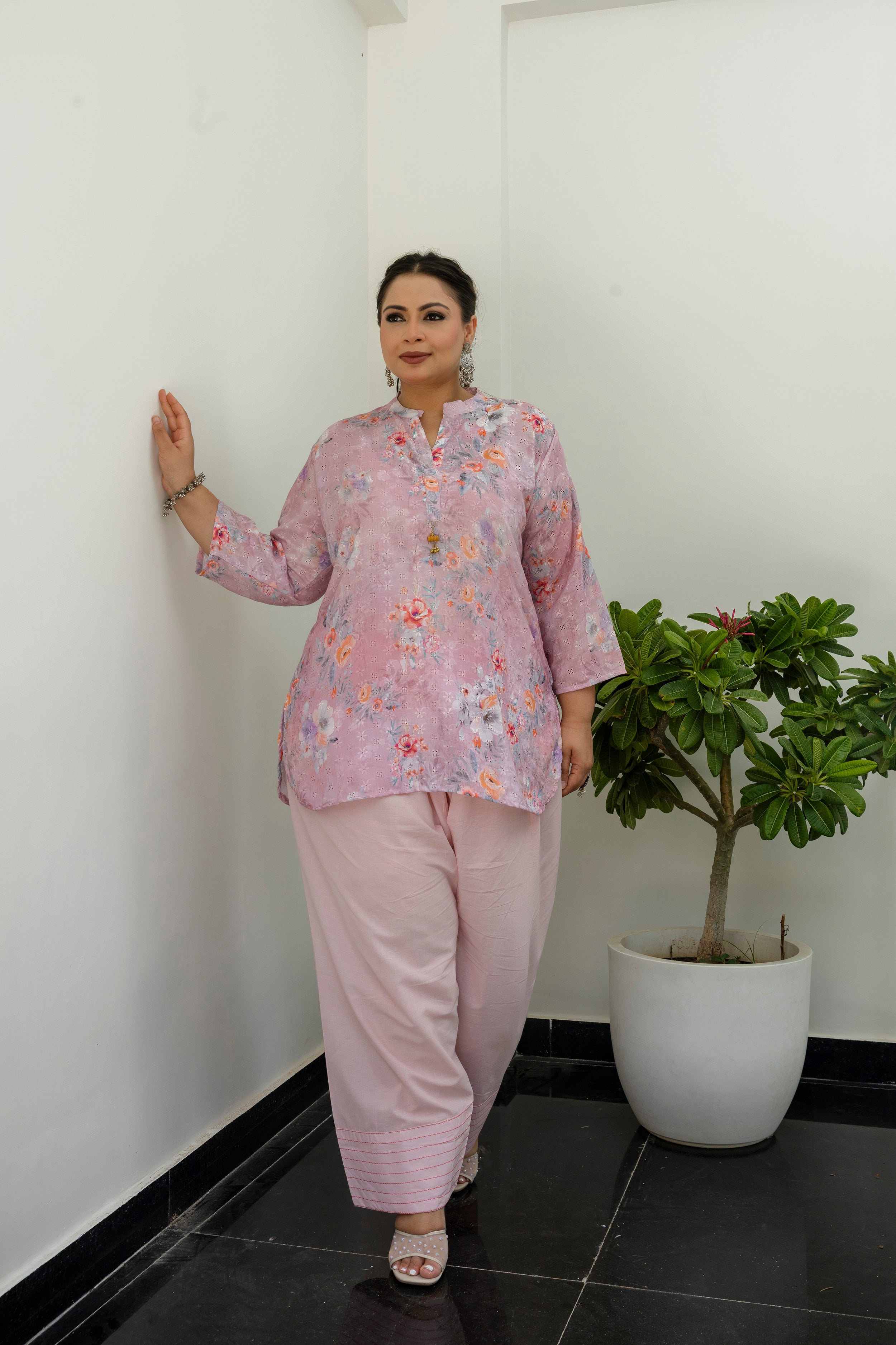 Blush Floral Chikankari Schiffli Short Co-ord Set