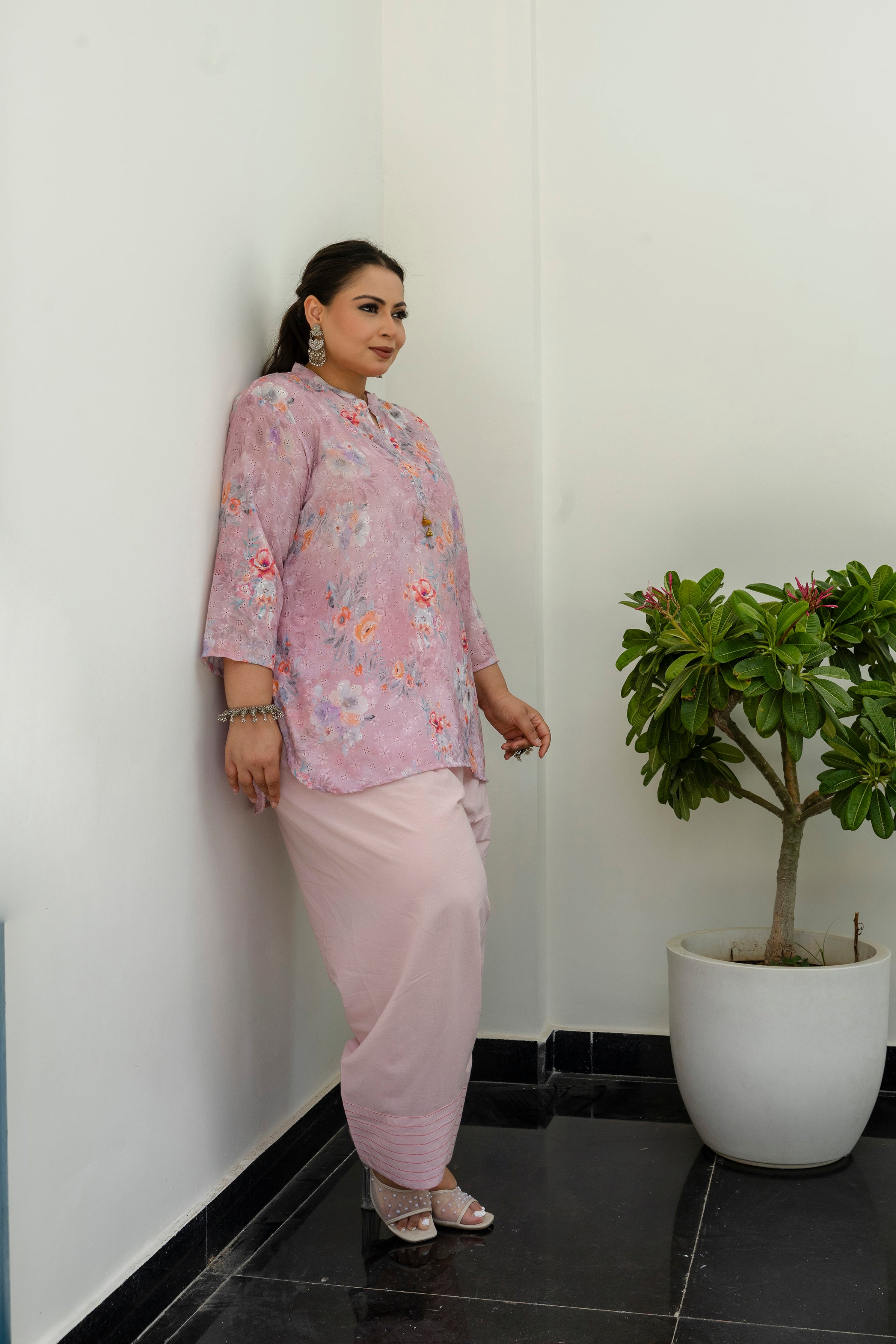 Blush Floral Chikankari Schiffli Short Co-ord Set