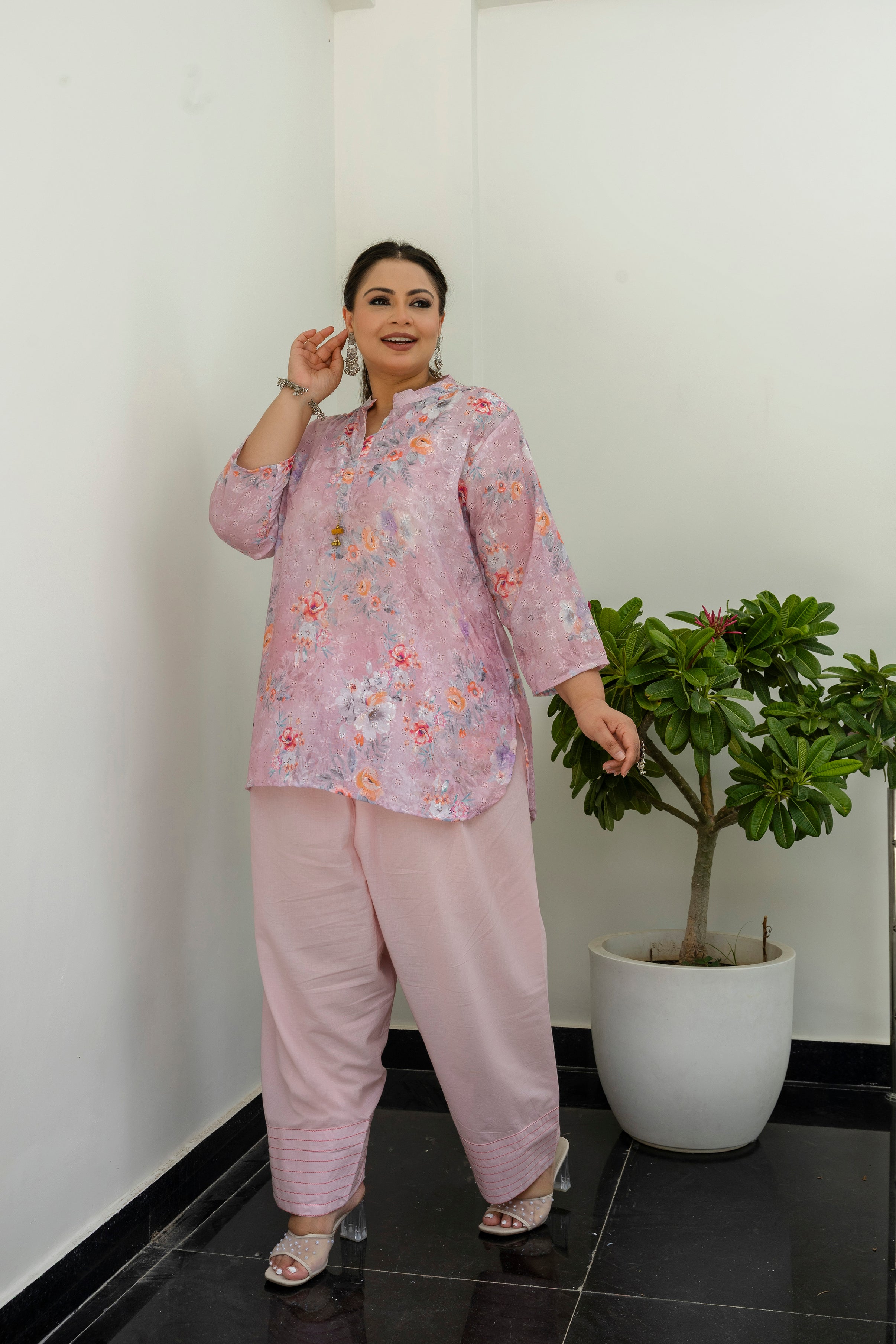 Blush Floral Chikankari Schiffli Short Co-ord Set
