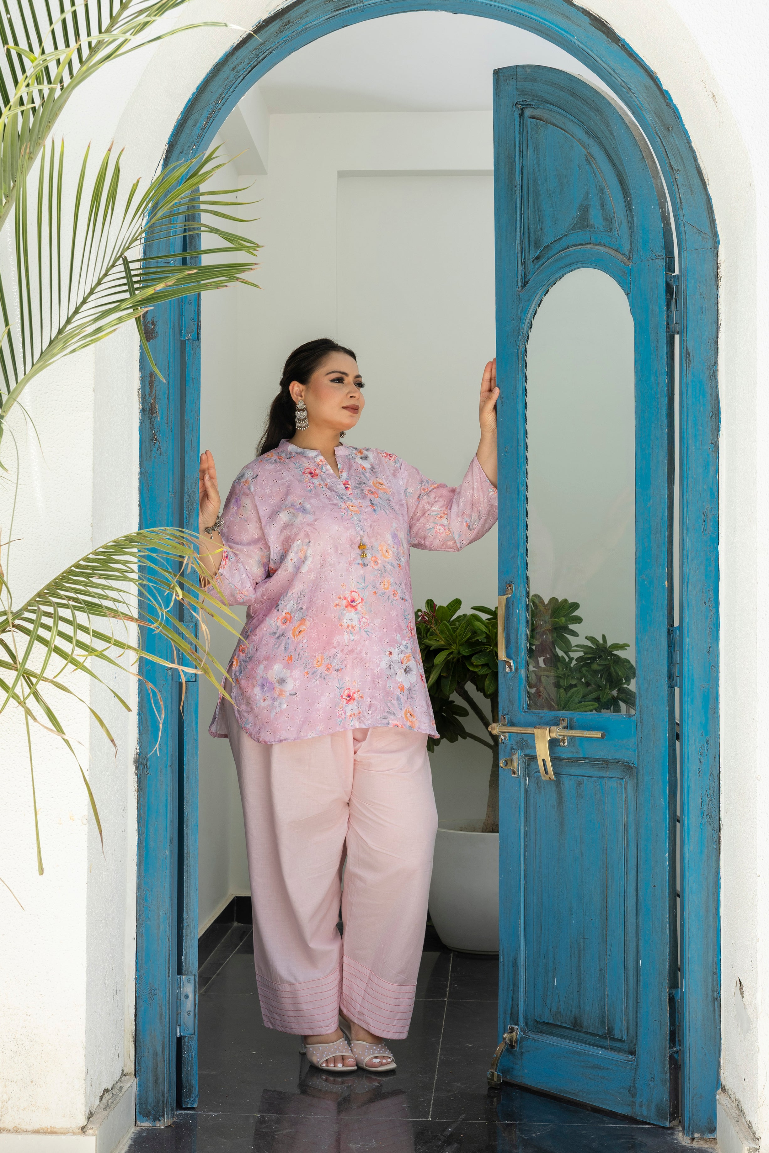 Blush Floral Chikankari Schiffli Short Co-ord Set
