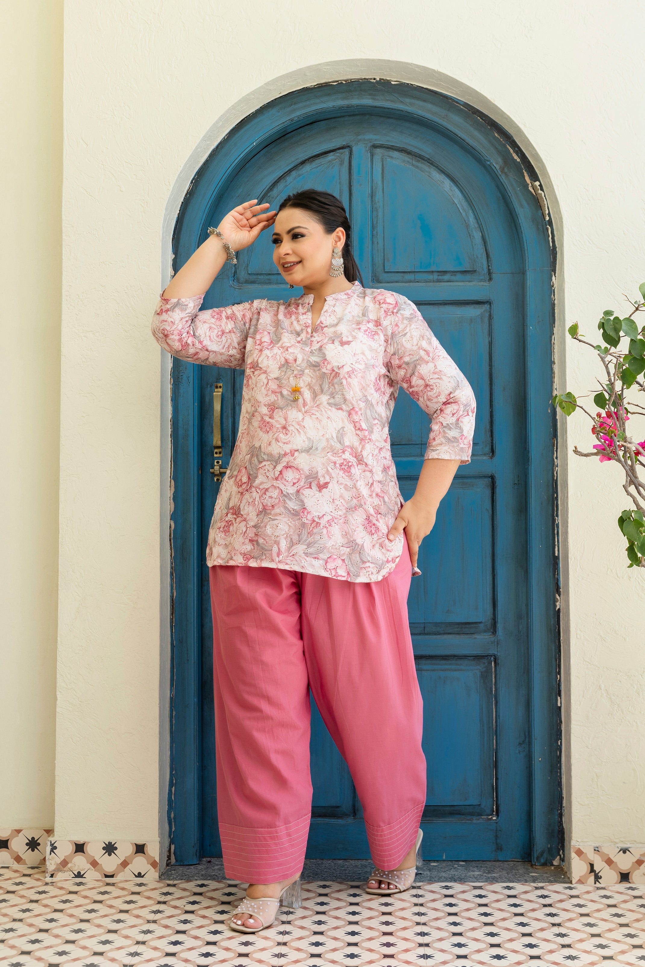 Blush Peony Garden Short Co-ord Set with Matching Farsi Salwar