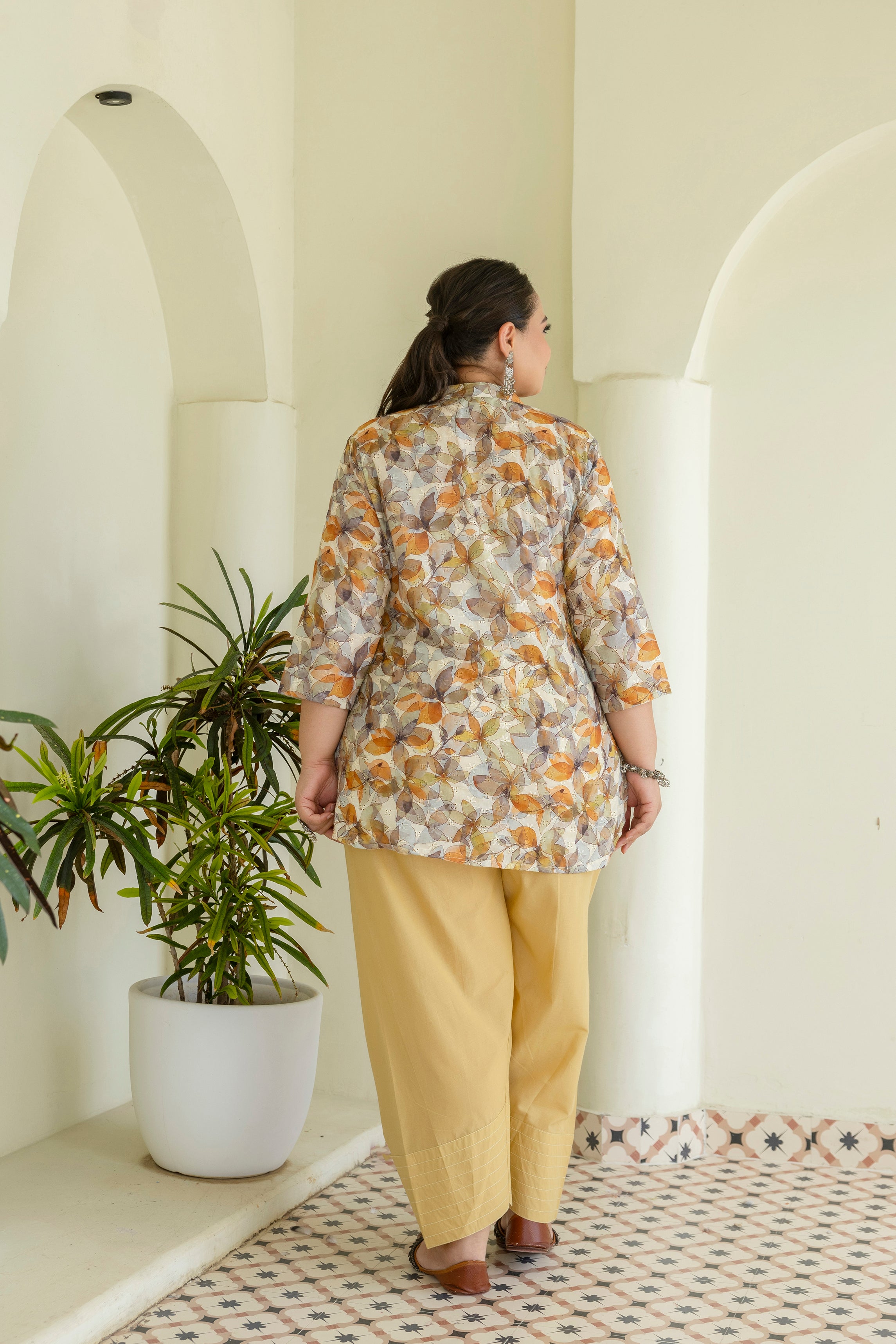 Autumn Leaf Harmony Pure Cotton Schiffli Short Co-ord Set with Mustard Farsi Salwar