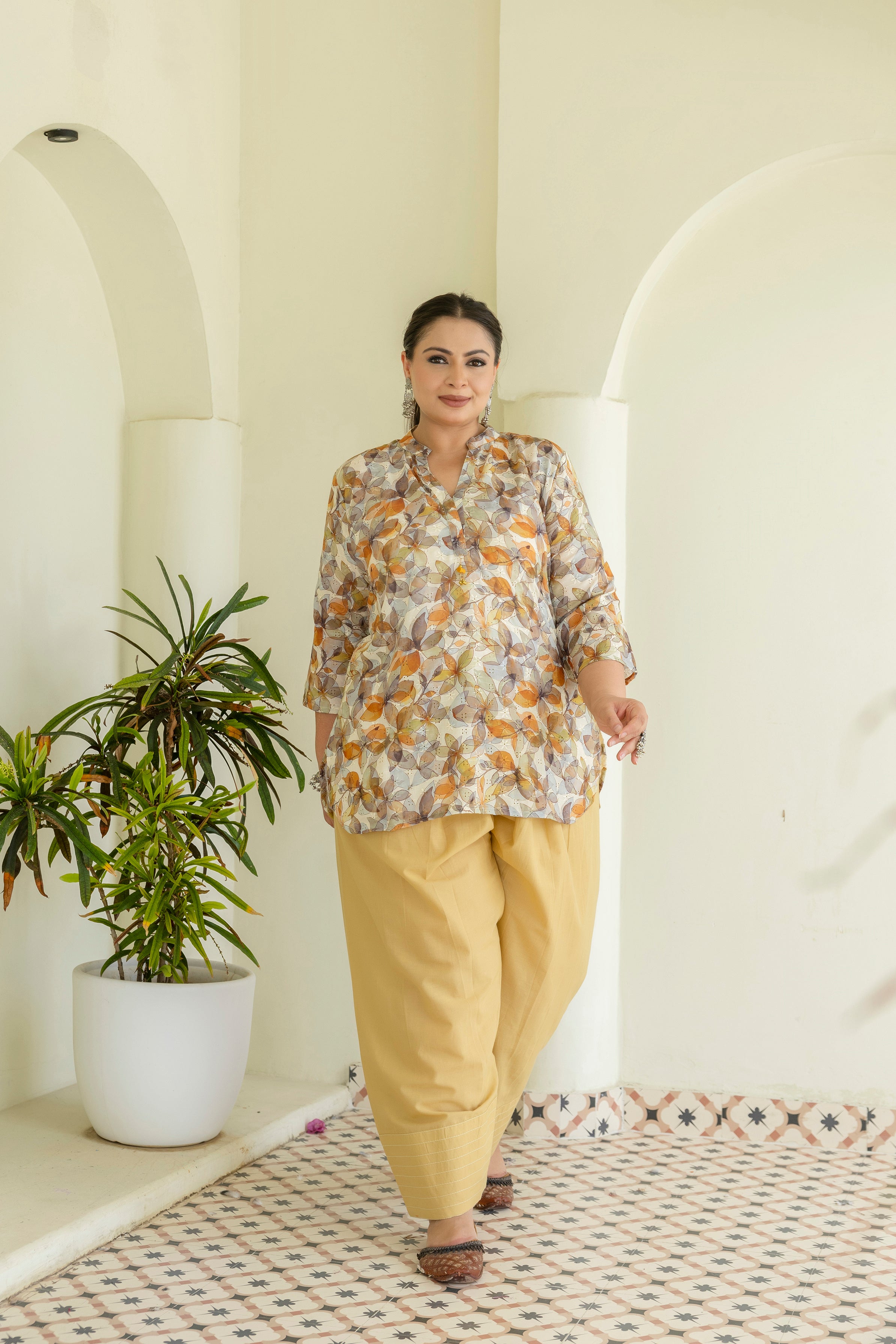 Autumn Leaf Harmony Pure Cotton Schiffli Short Co-ord Set with Mustard Farsi Salwar