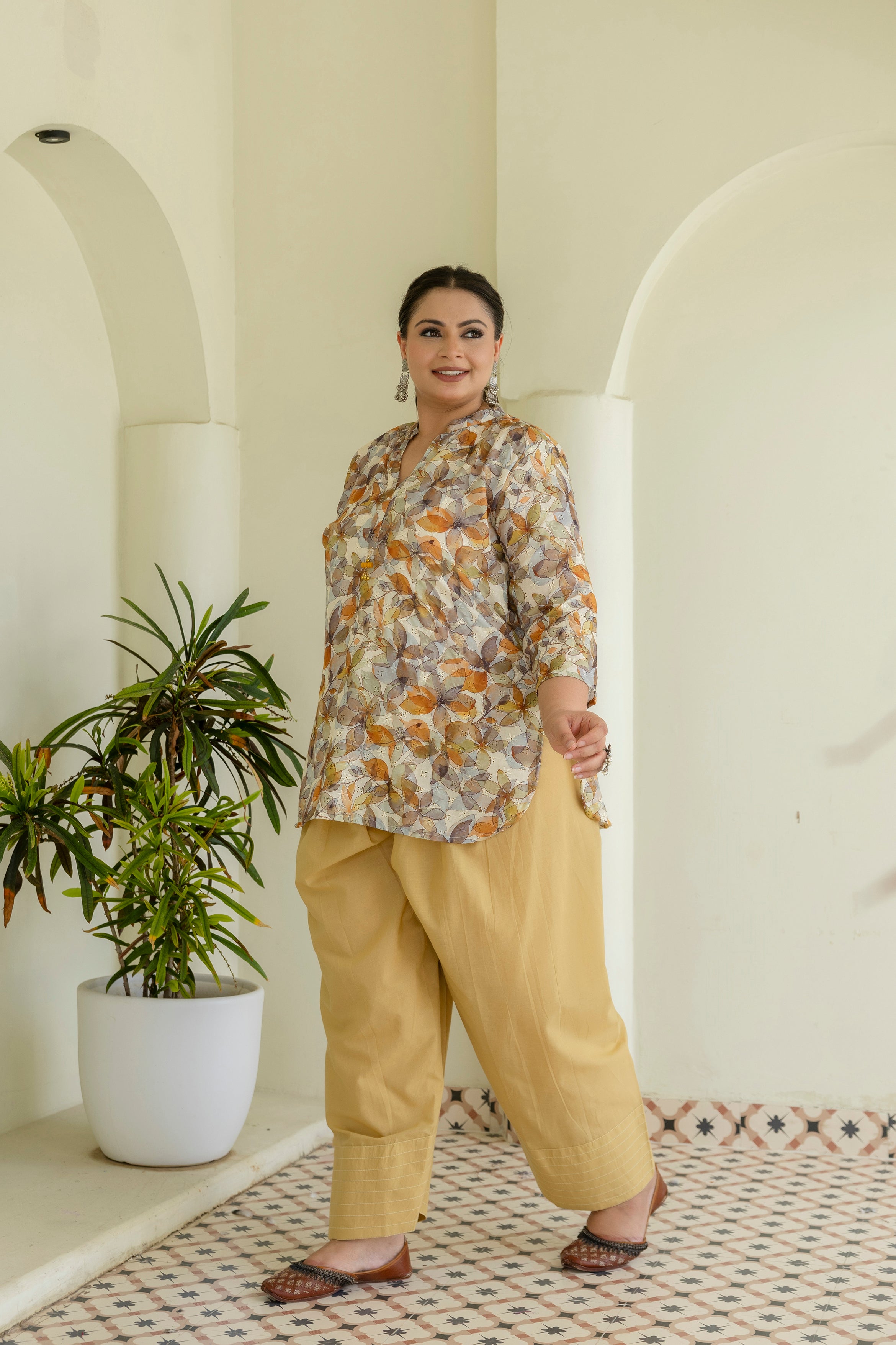 Autumn Leaf Harmony Pure Cotton Schiffli Short Co-ord Set with Mustard Farsi Salwar