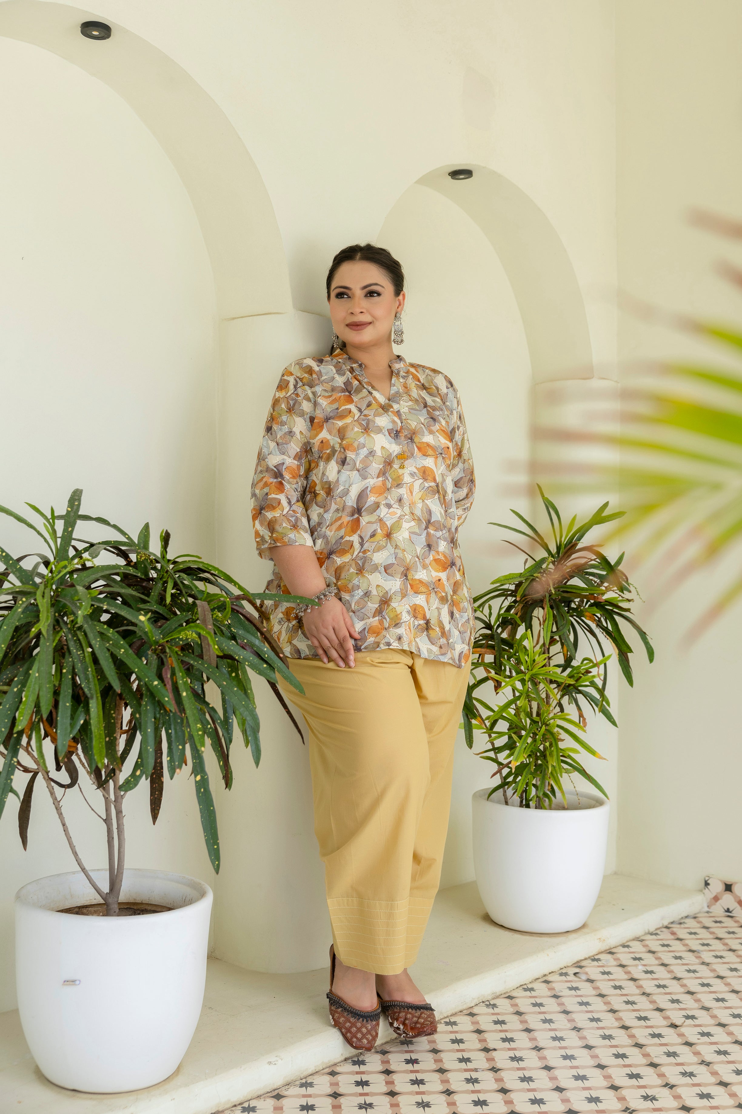 Autumn Leaf Harmony Pure Cotton Schiffli Short Co-ord Set with Mustard Farsi Salwar