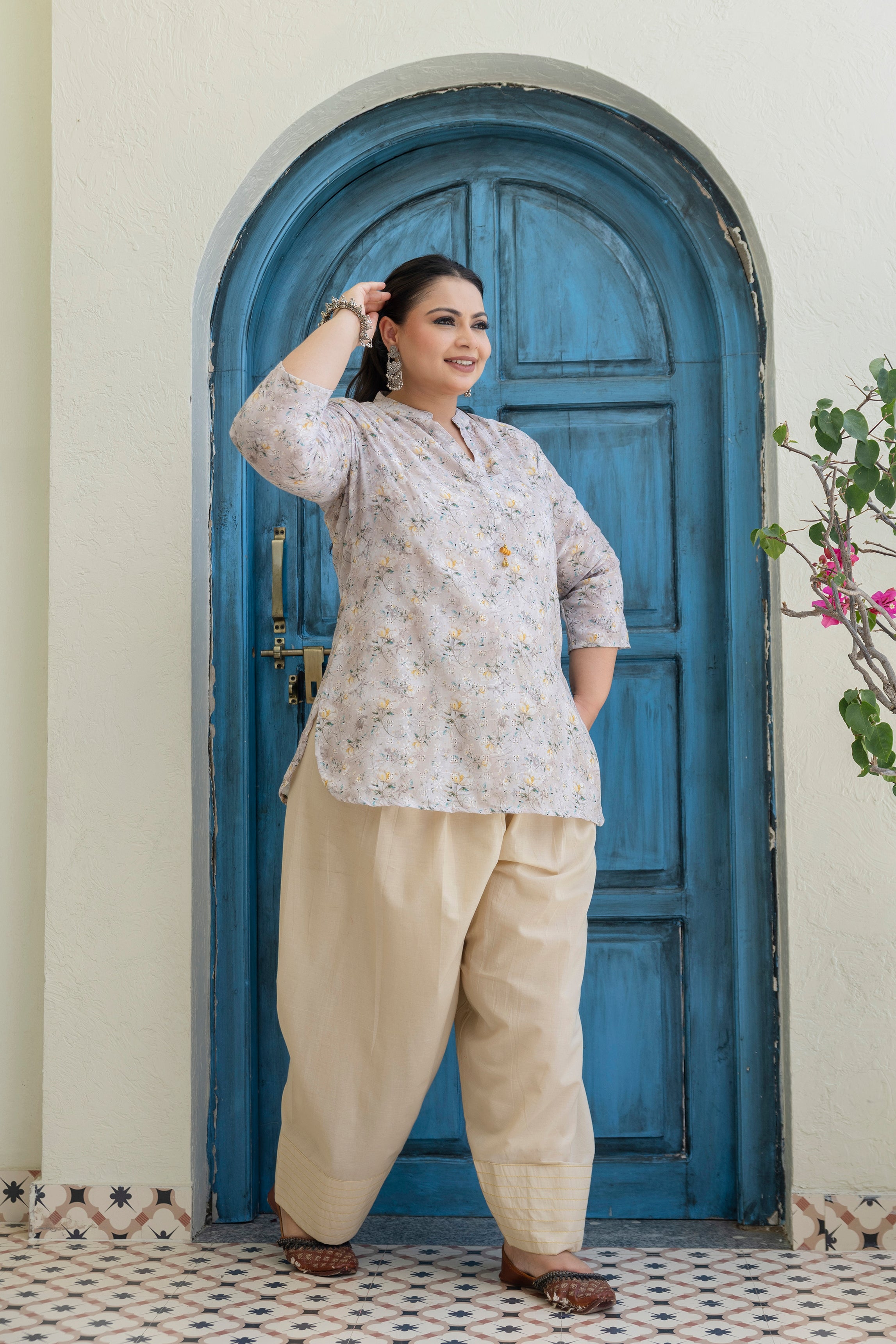 Ivory Daisy Meadow Pure Cotton Schiffli Short Co-ord Set with Matching Farsi Salwar