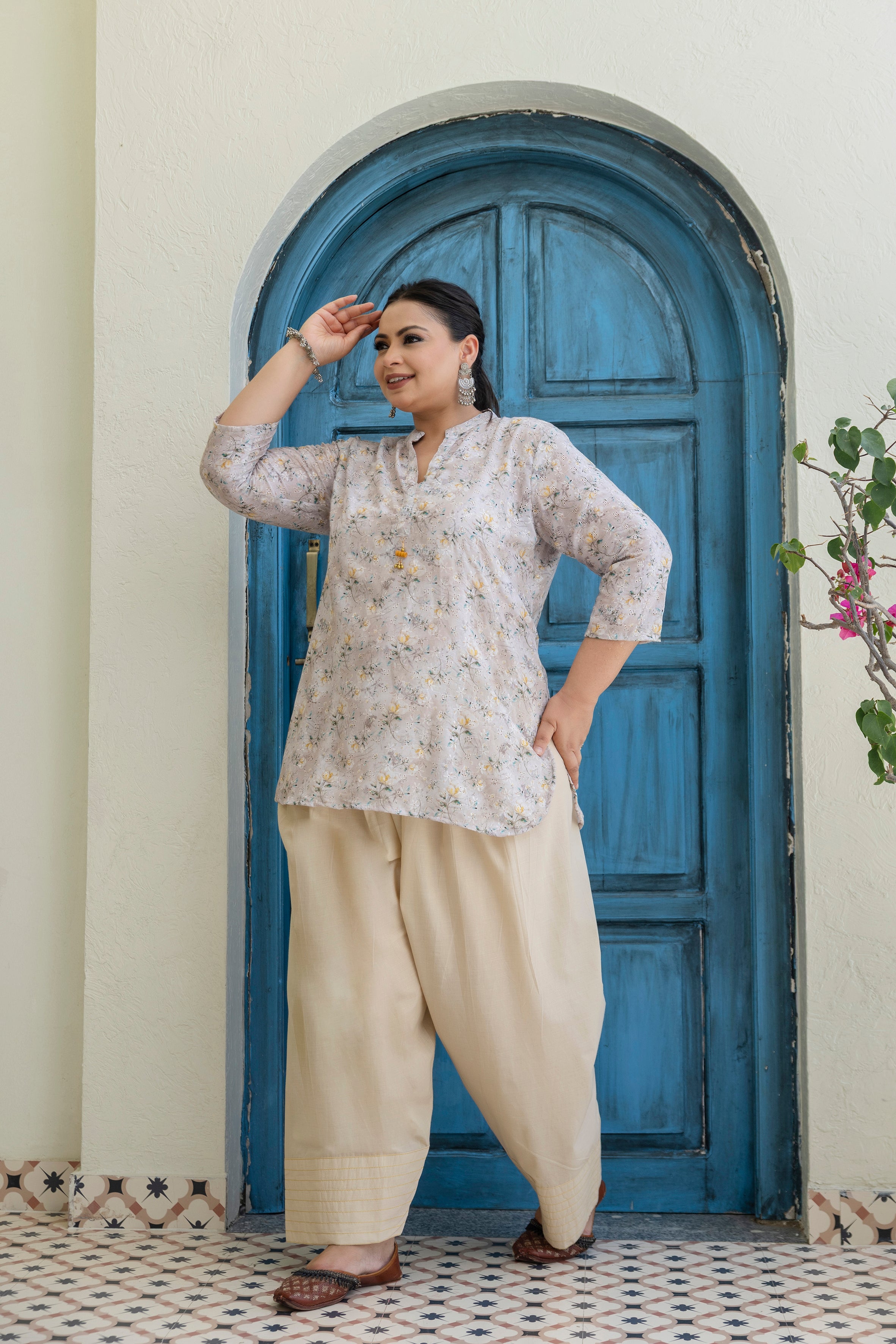 Ivory Daisy Meadow Pure Cotton Schiffli Short Co-ord Set with Matching Farsi Salwar