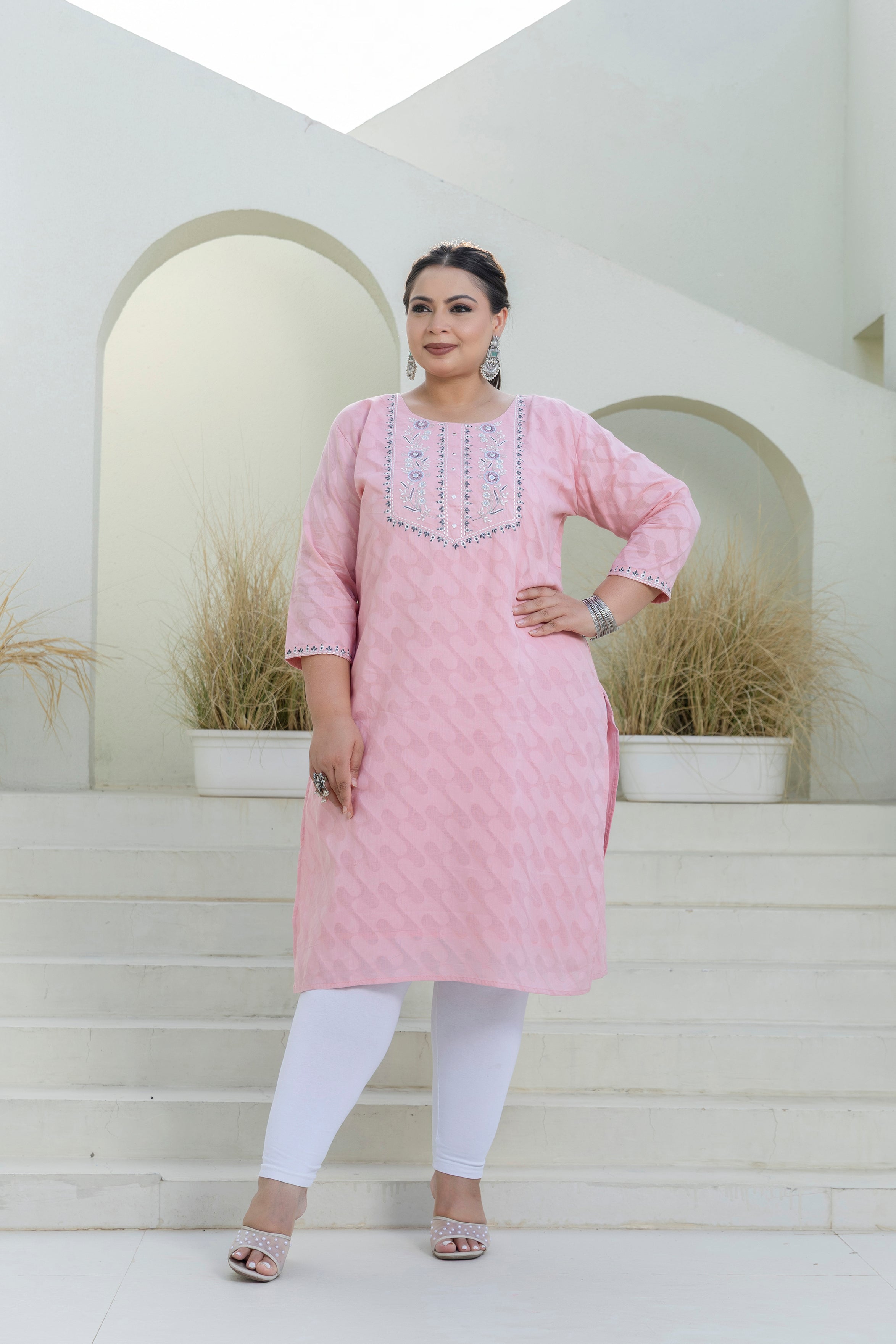 Dusty Pink Jacquard Slub Cotton Kurti