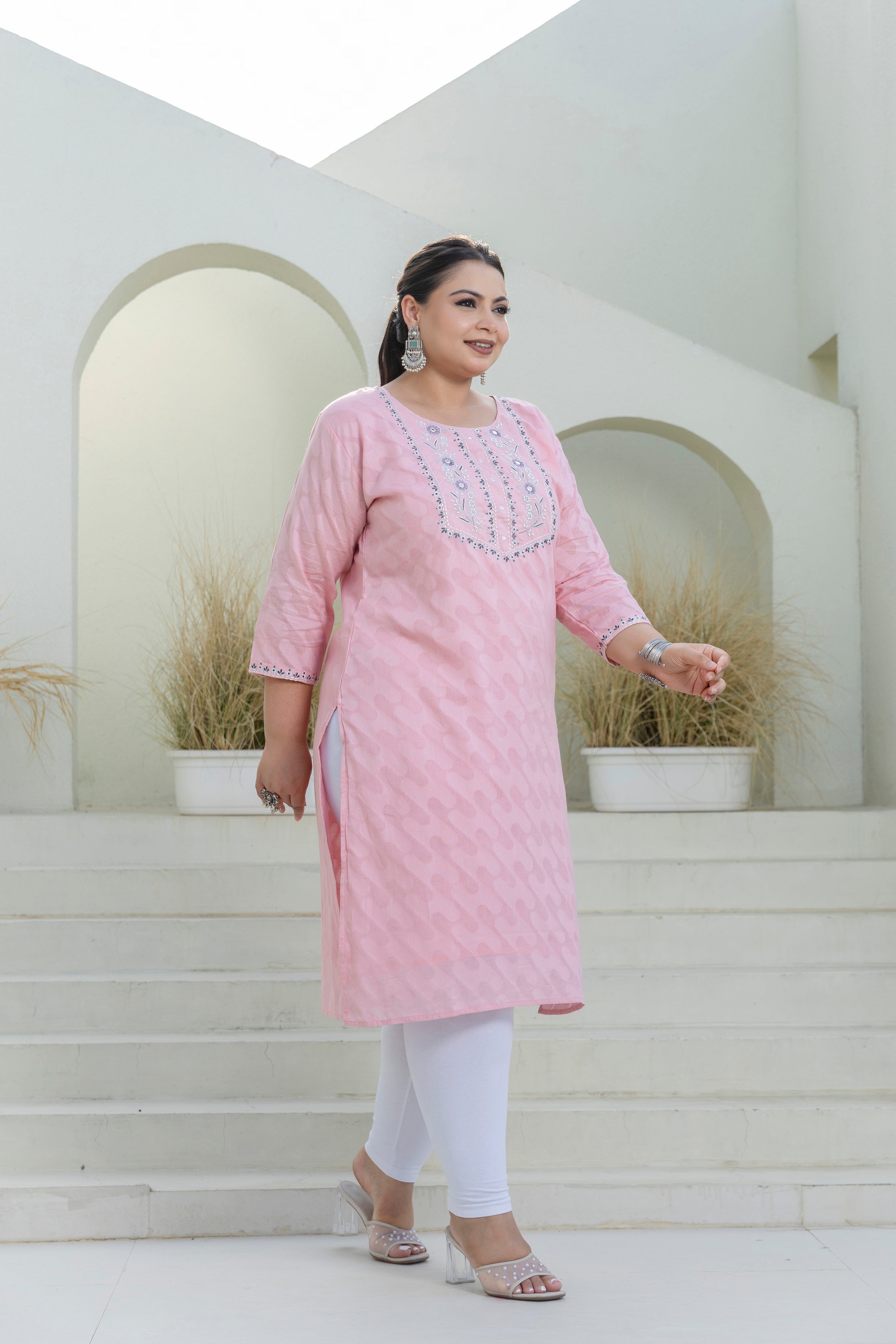 Dusty Pink Jacquard Slub Cotton Kurti