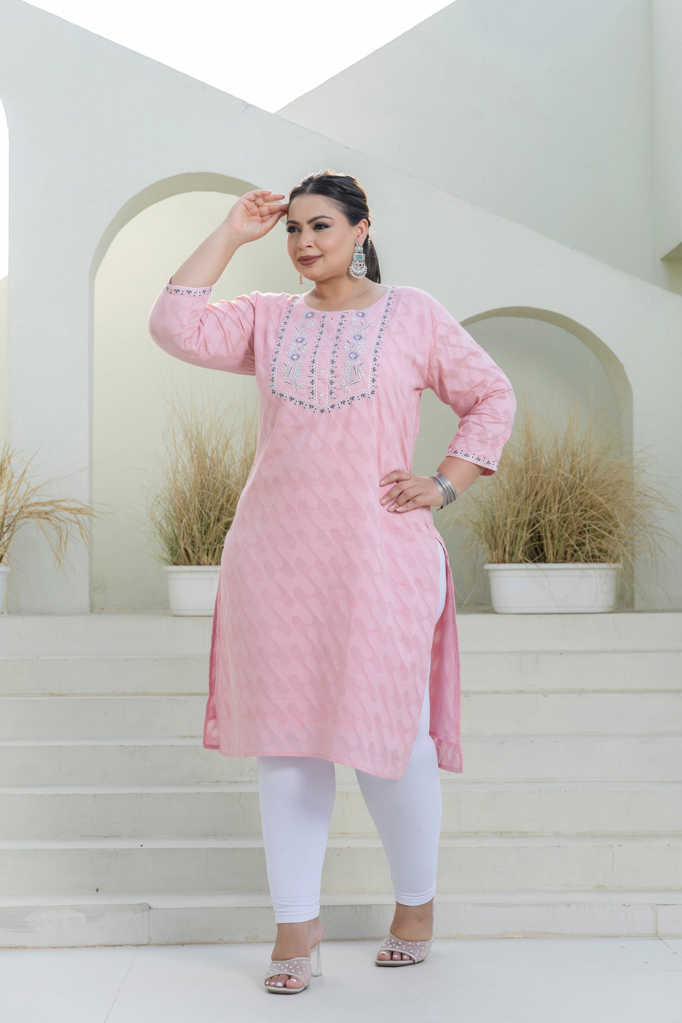 Dusty Pink Jacquard Slub Cotton Kurti