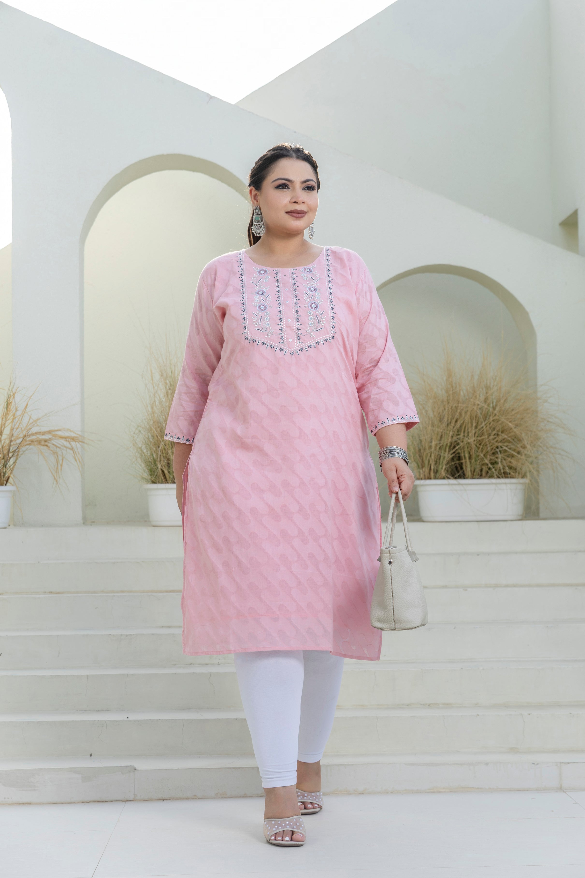 Dusty Pink Jacquard Slub Cotton Kurti
