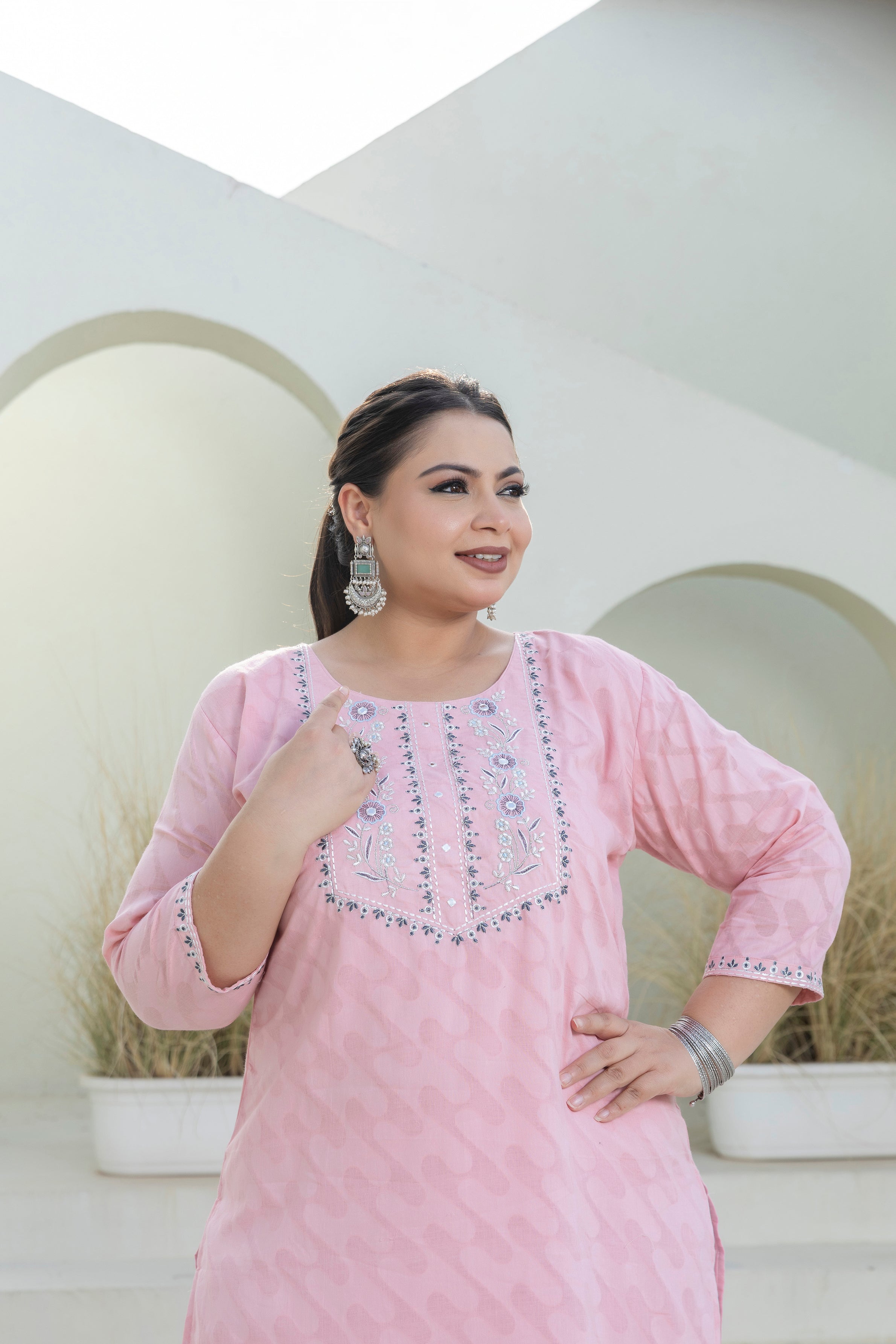 Dusty Pink Jacquard Slub Cotton Kurti