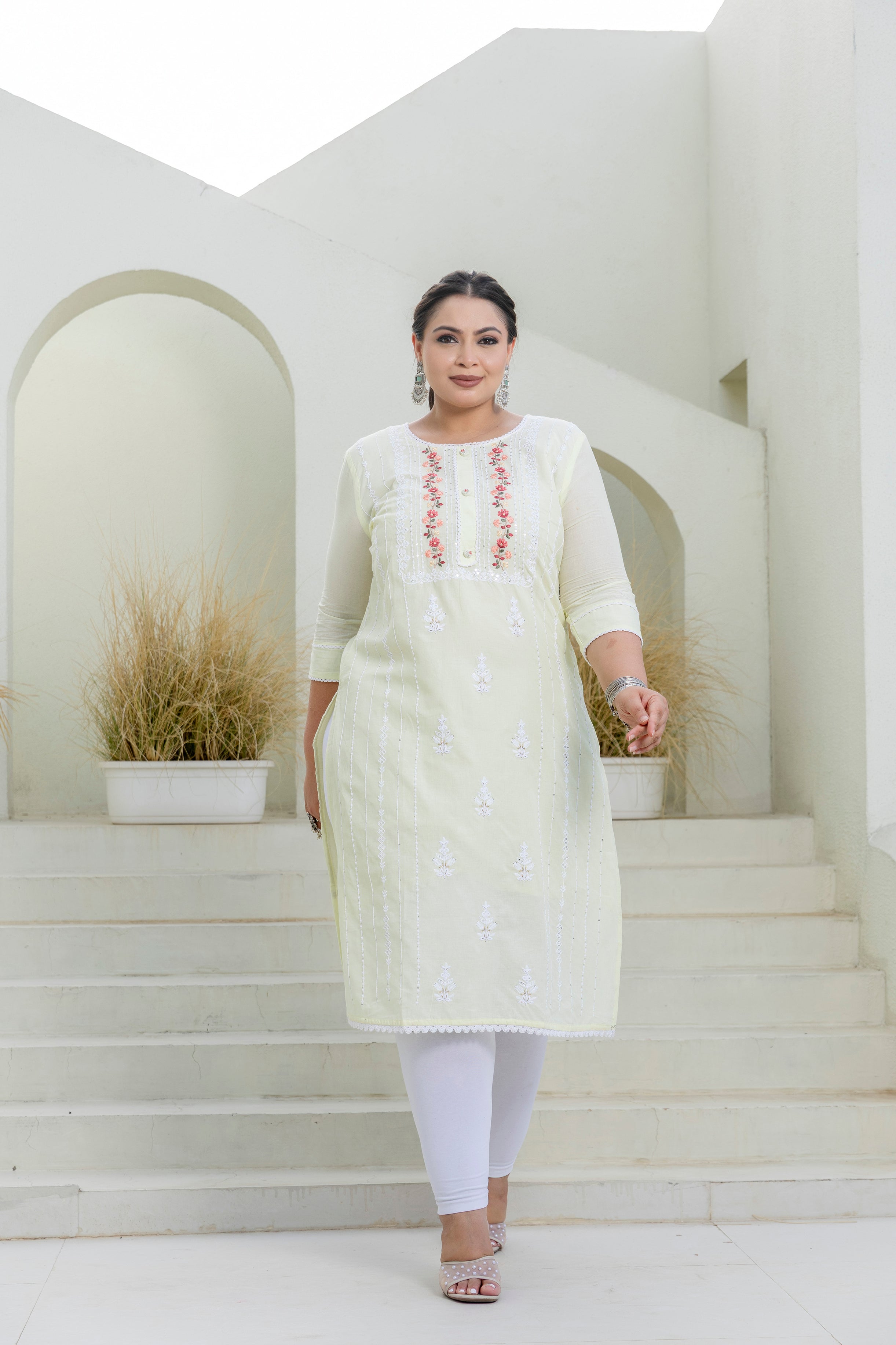 Cream Blossom Slub Cotton Kurti