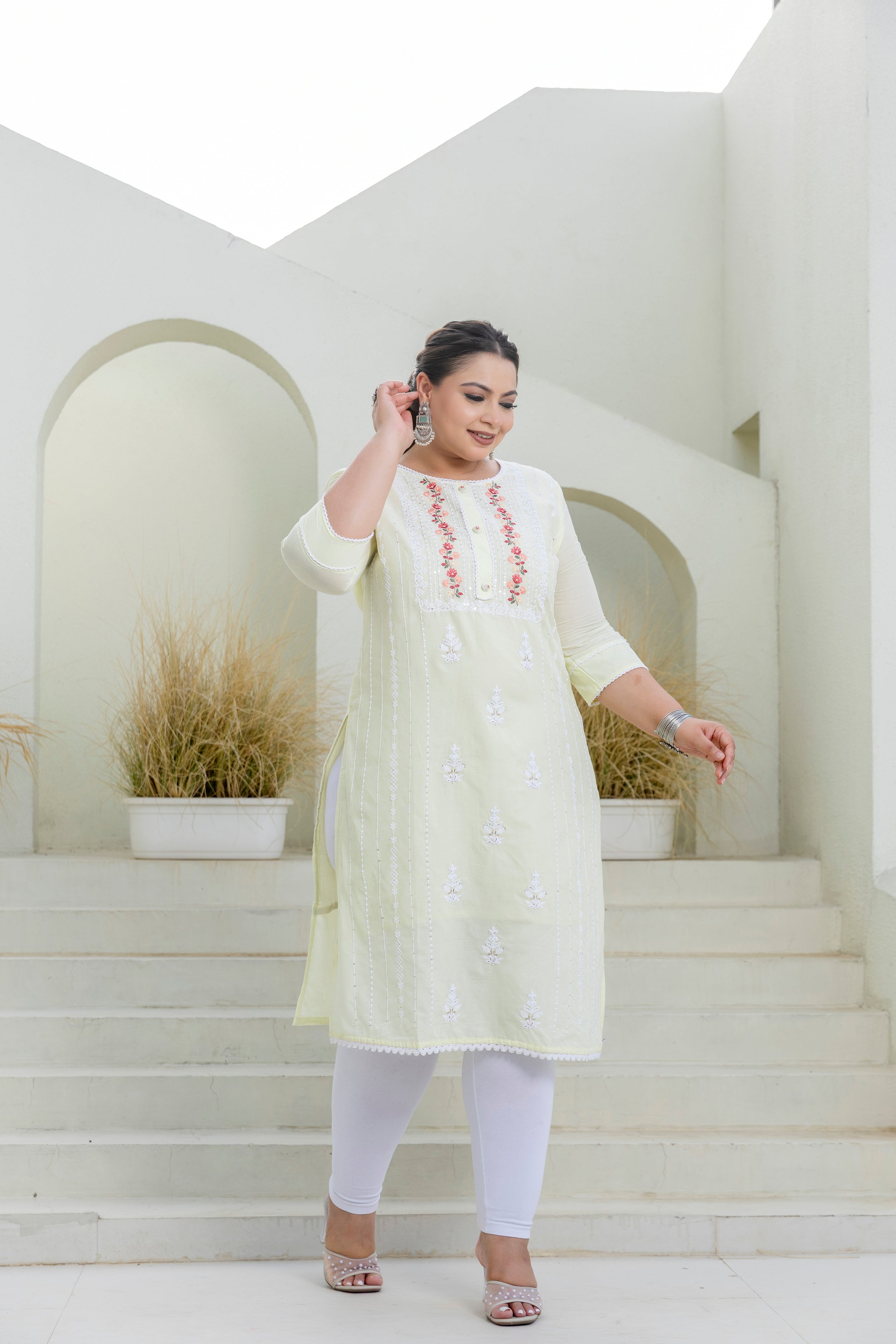 Cream Blossom Slub Cotton Kurti