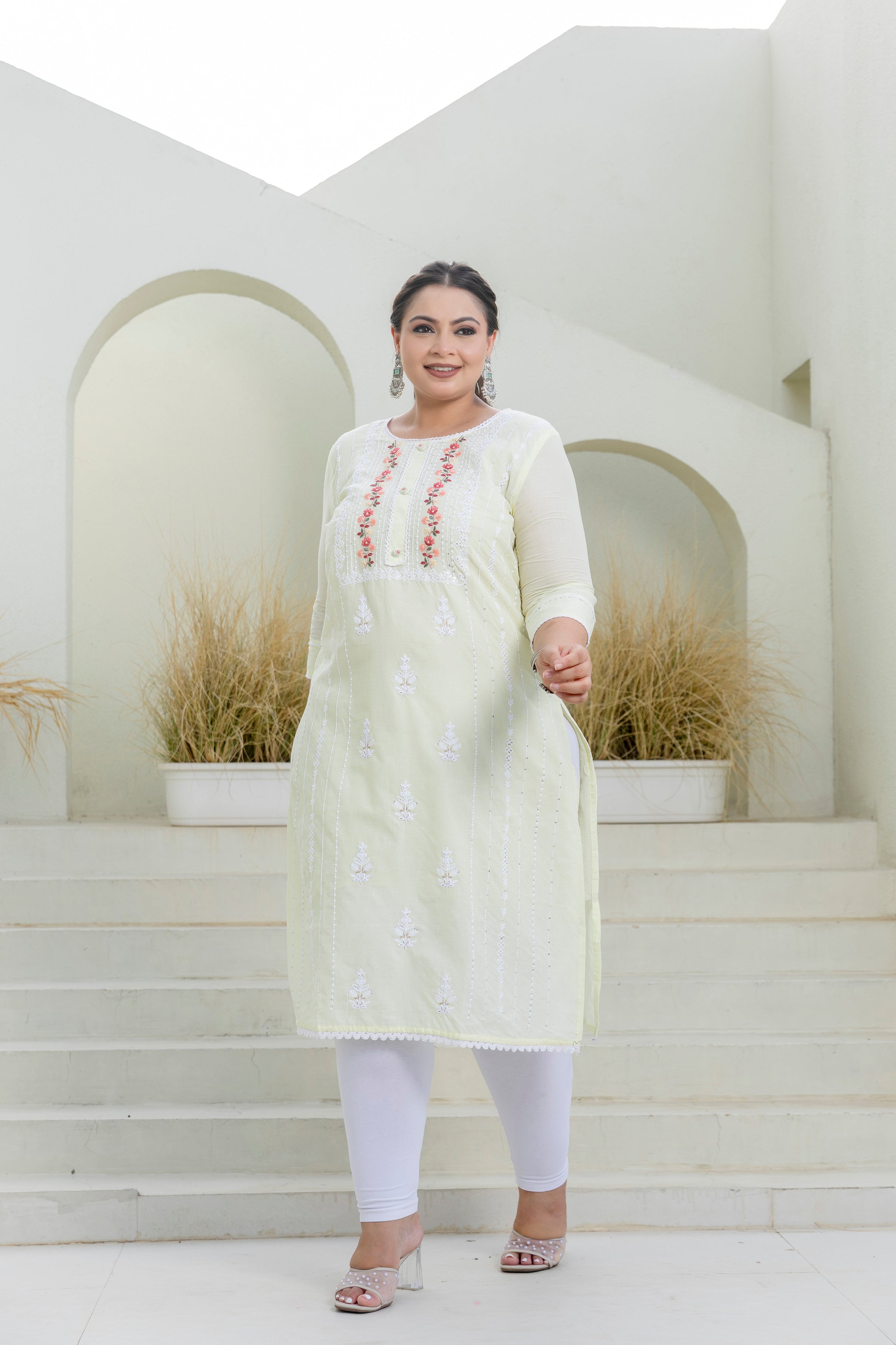 Cream Blossom Slub Cotton Kurti