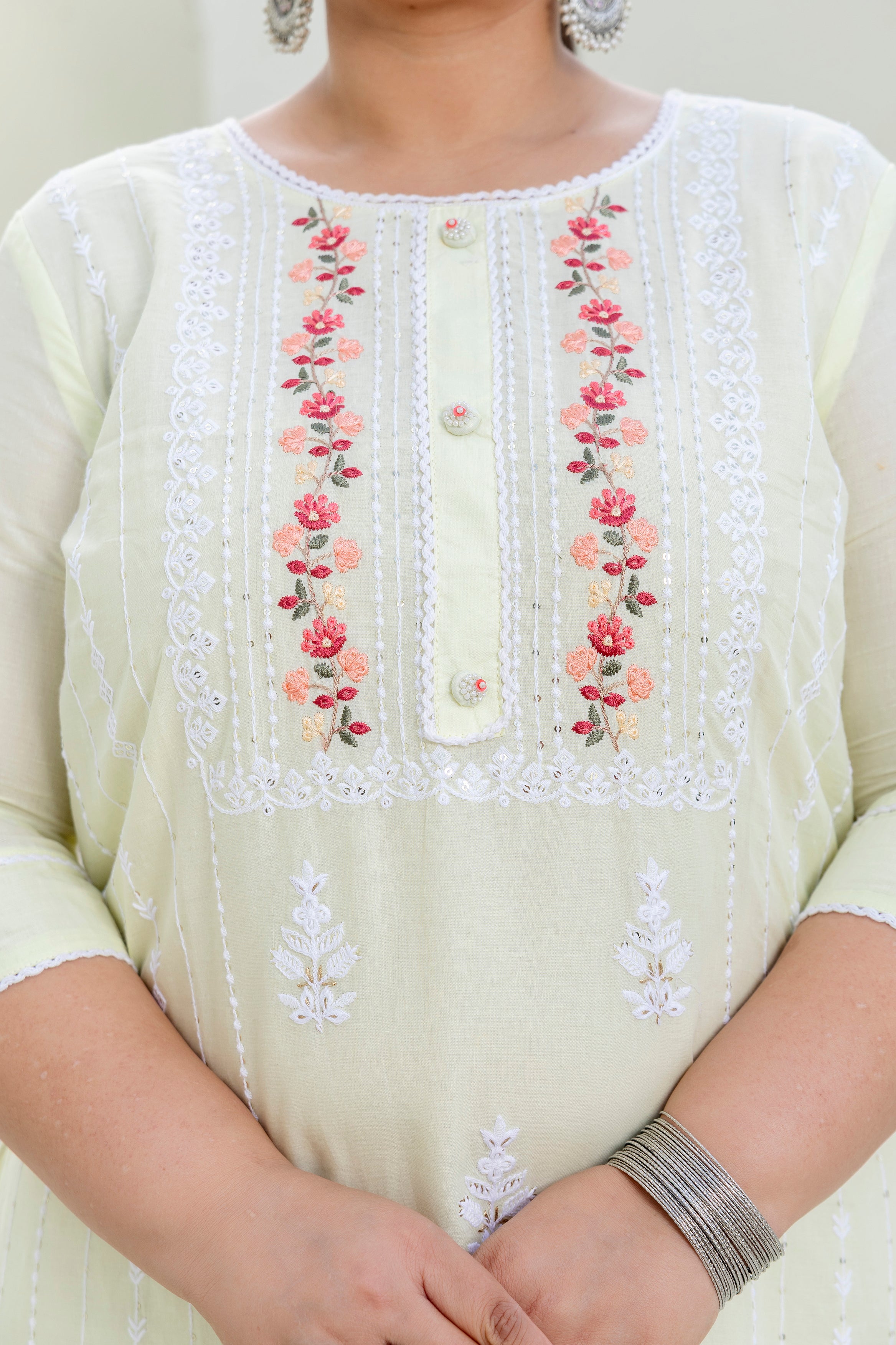 Cream Blossom Slub Cotton Kurti